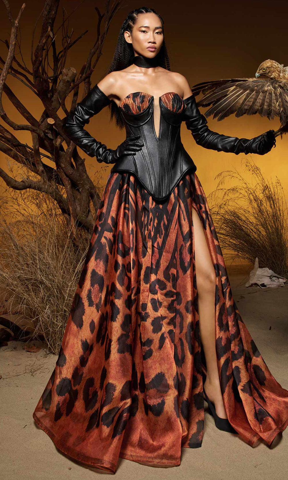 MNM COUTURE F02952 - Animal Print Chiffon Plunging Gown Prom Dresses Black