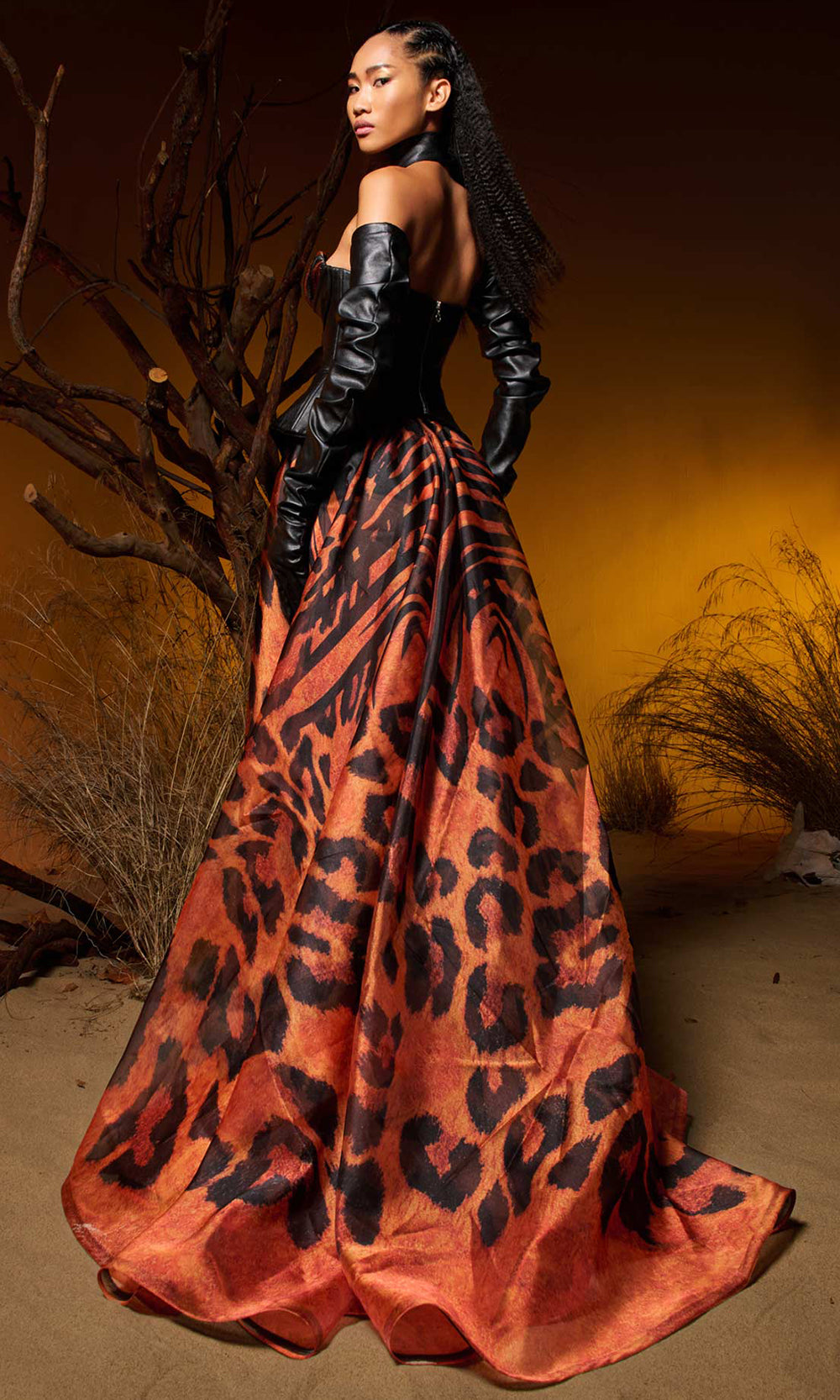 MNM COUTURE F02952 - Animal Print Chiffon Plunging Gown Prom Dresses Black