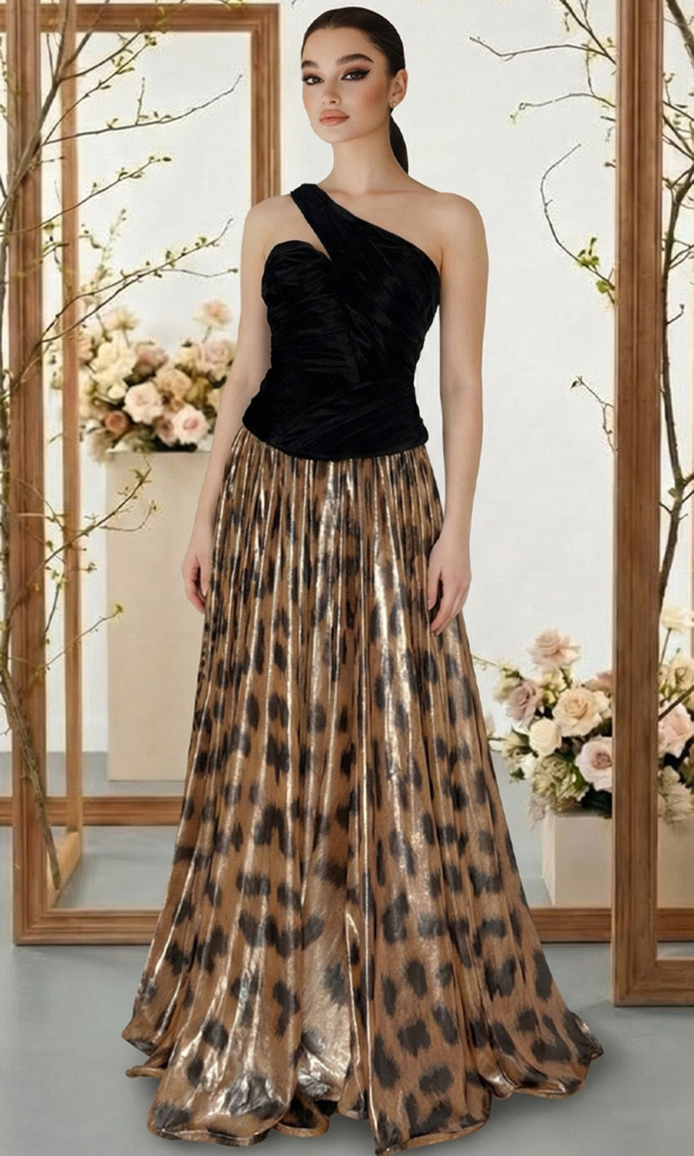 MNM COUTURE F02953A - Asymmetric A-Line Dress with Animal Print Prom Dresses in Tiger 