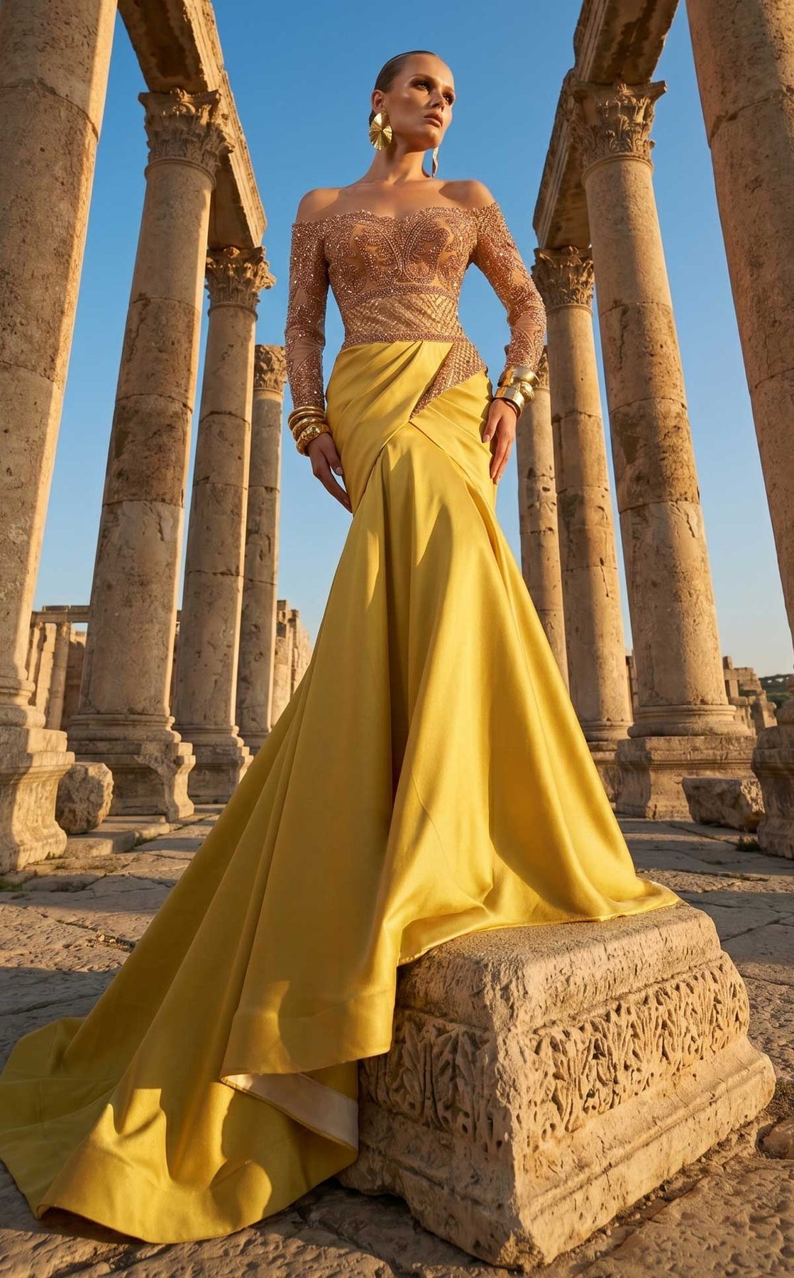 MNM COUTURE F02957 - Beaded Off Shoulder Mermaid Evening Gown