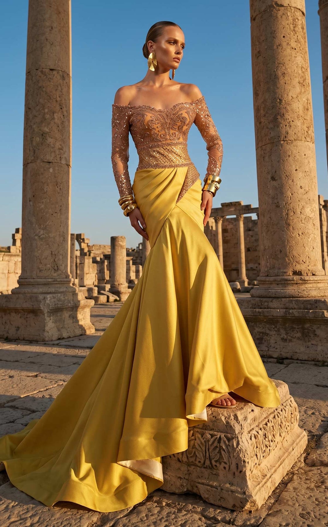 MNM COUTURE F02957 - Beaded Off Shoulder Mermaid Evening Gown