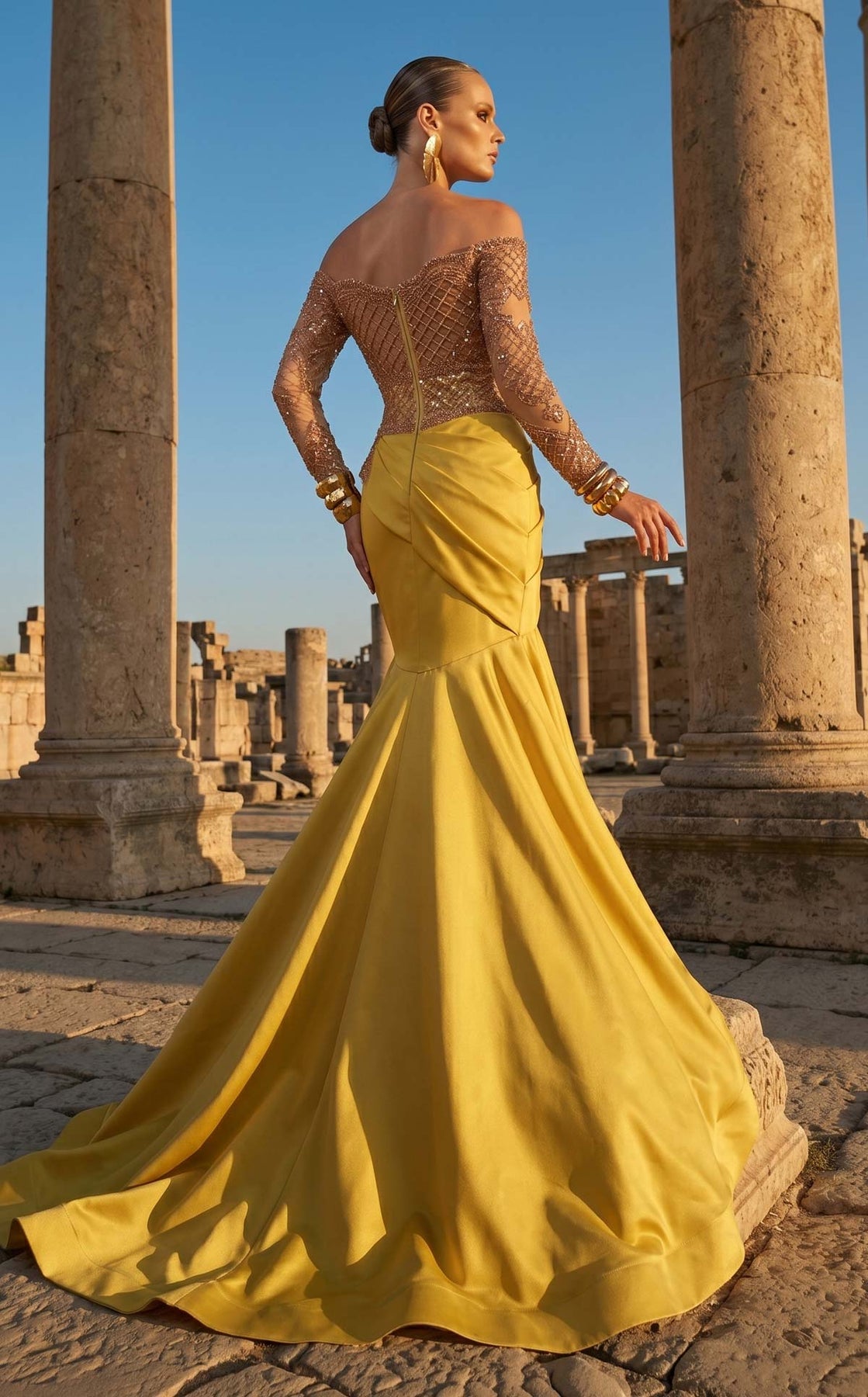 MNM COUTURE F02957 - Beaded Off Shoulder Mermaid Evening Gown