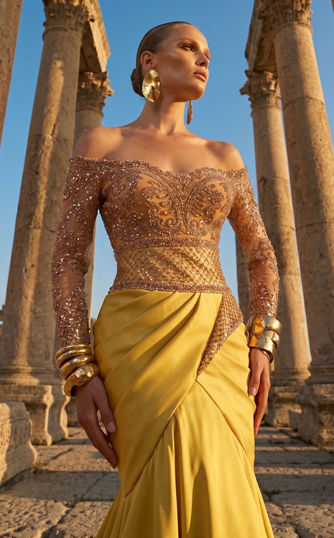 MNM COUTURE F02957 - Beaded Off Shoulder Mermaid Evening Gown