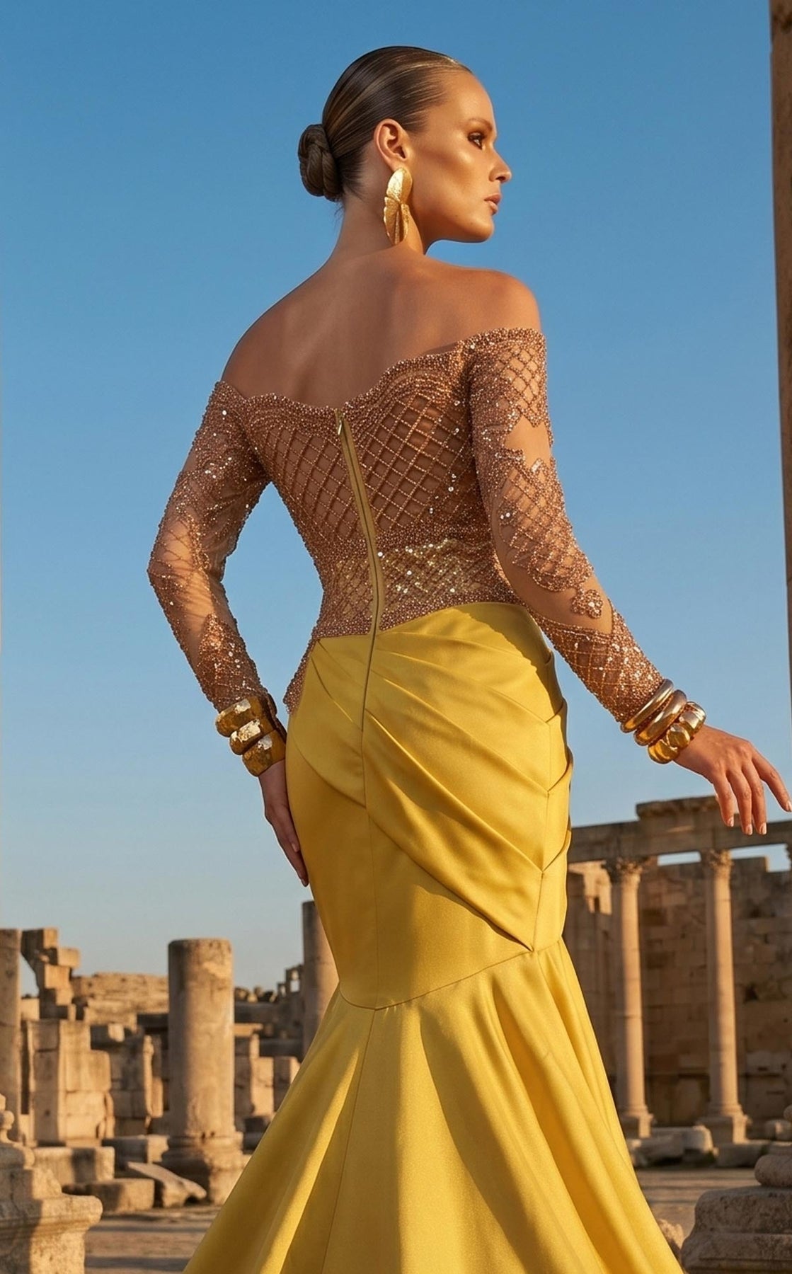 MNM COUTURE F02957 - Beaded Off Shoulder Mermaid Evening Gown