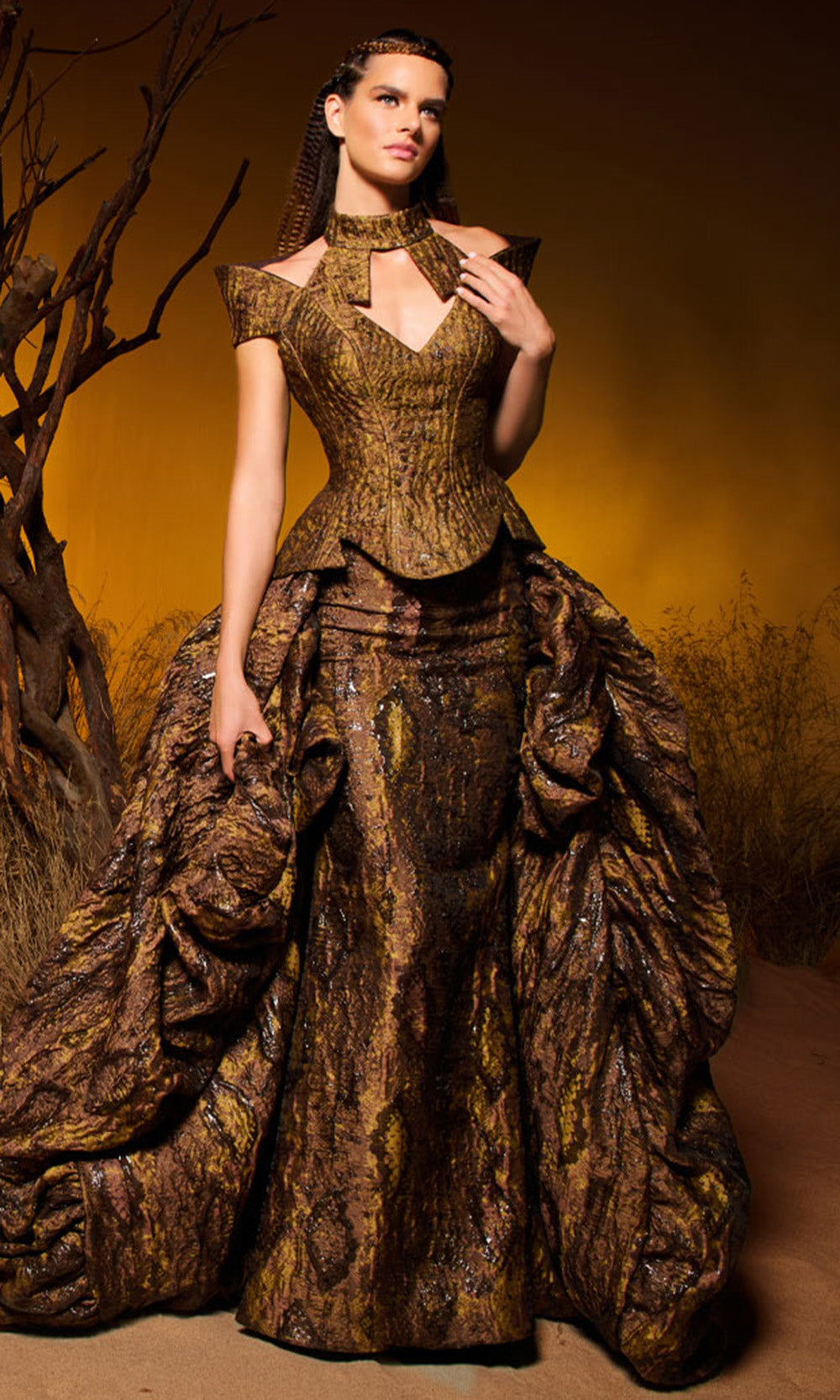 MNM COUTURE F02971 - Textured Choker V-Neck Evening Gown Mother Of The Bride Dresses in Brown 