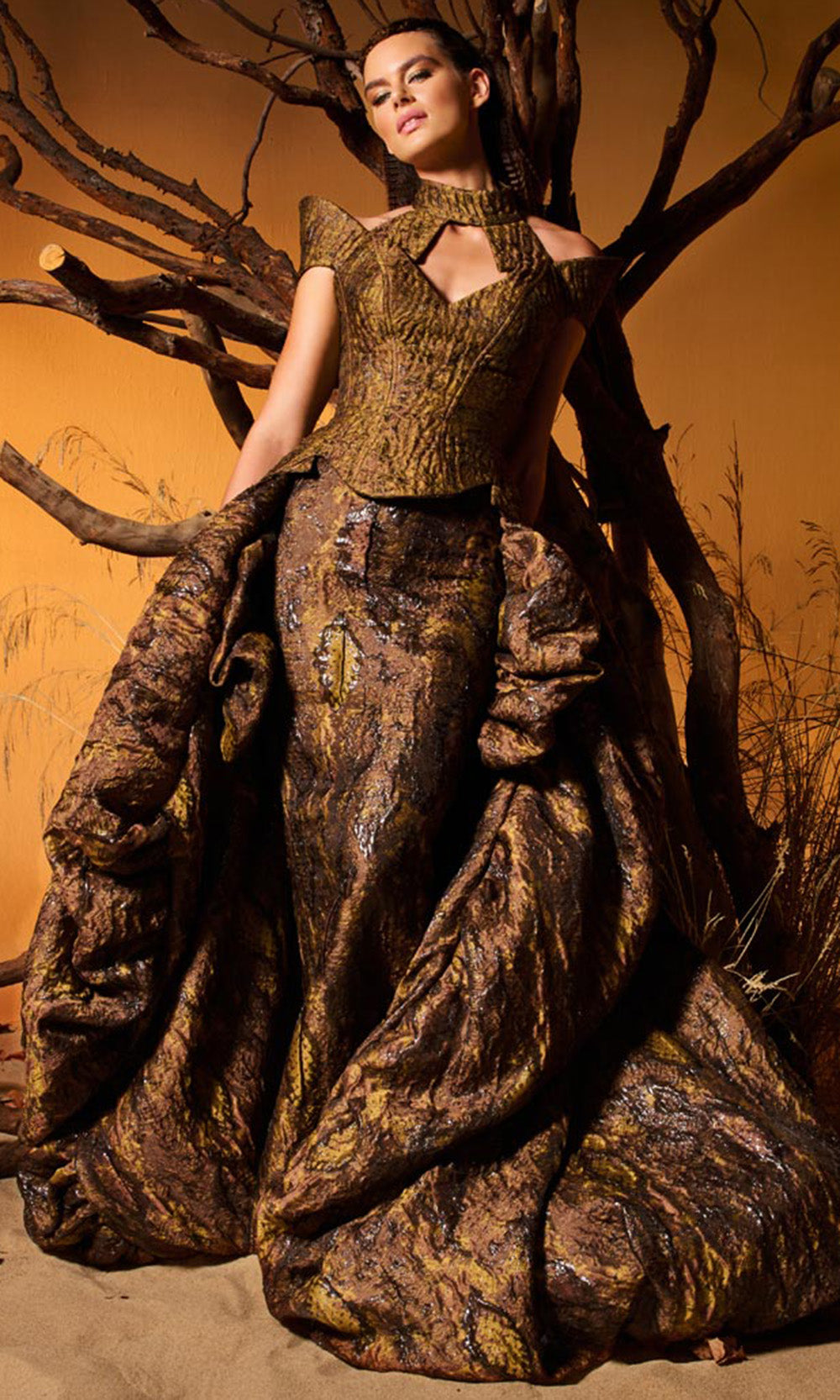MNM COUTURE F02971 - Textured Choker V-Neck Evening Gown Mother Of The Bride Dresses in Brown 