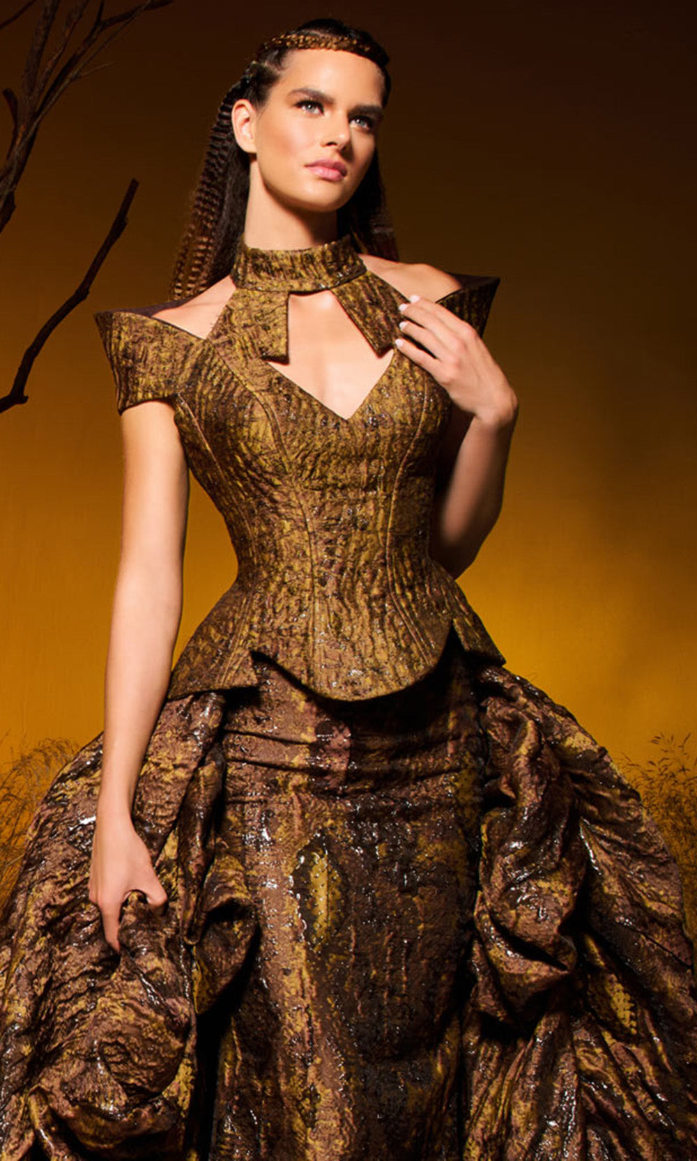 MNM COUTURE F02971 - Textured Choker V-Neck Evening Gown Mother Of The Bride Dresses in Brown 