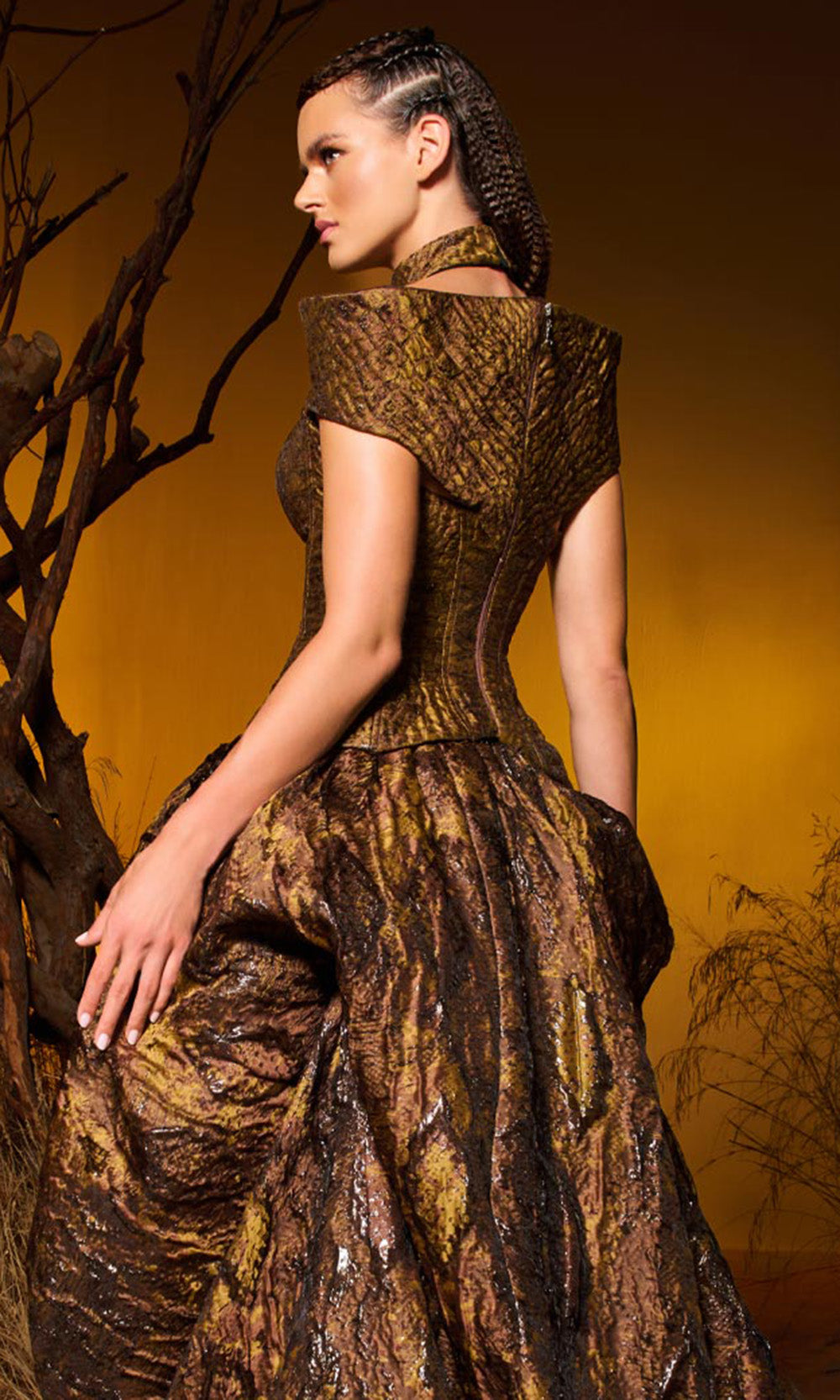 MNM COUTURE F02971 - Textured Choker V-Neck Evening Gown Mother Of The Bride Dresses in Brown 