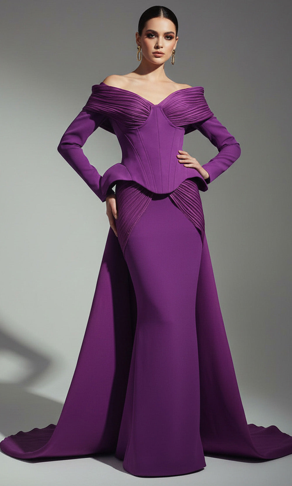 MNM COUTURE F02972A - Corset Peplum Bodice Overskirt Dress Evening Dresses in Aubergine 