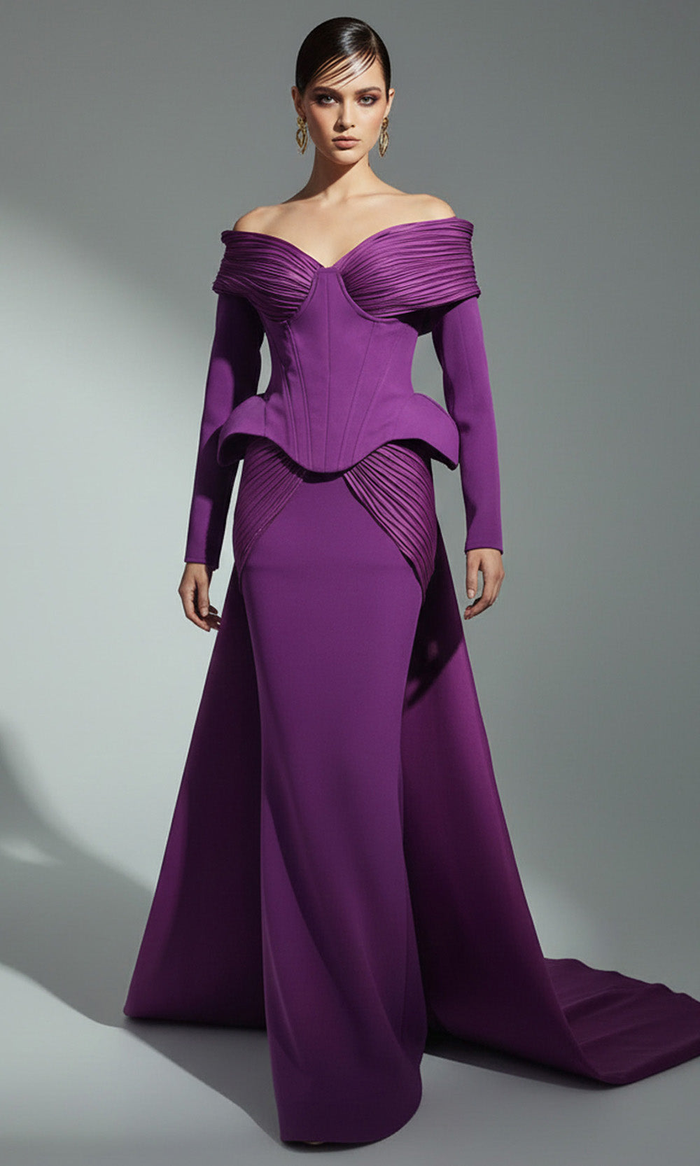 MNM COUTURE F02972A - Corset Peplum Bodice Overskirt Dress Evening Dresses in Aubergine 