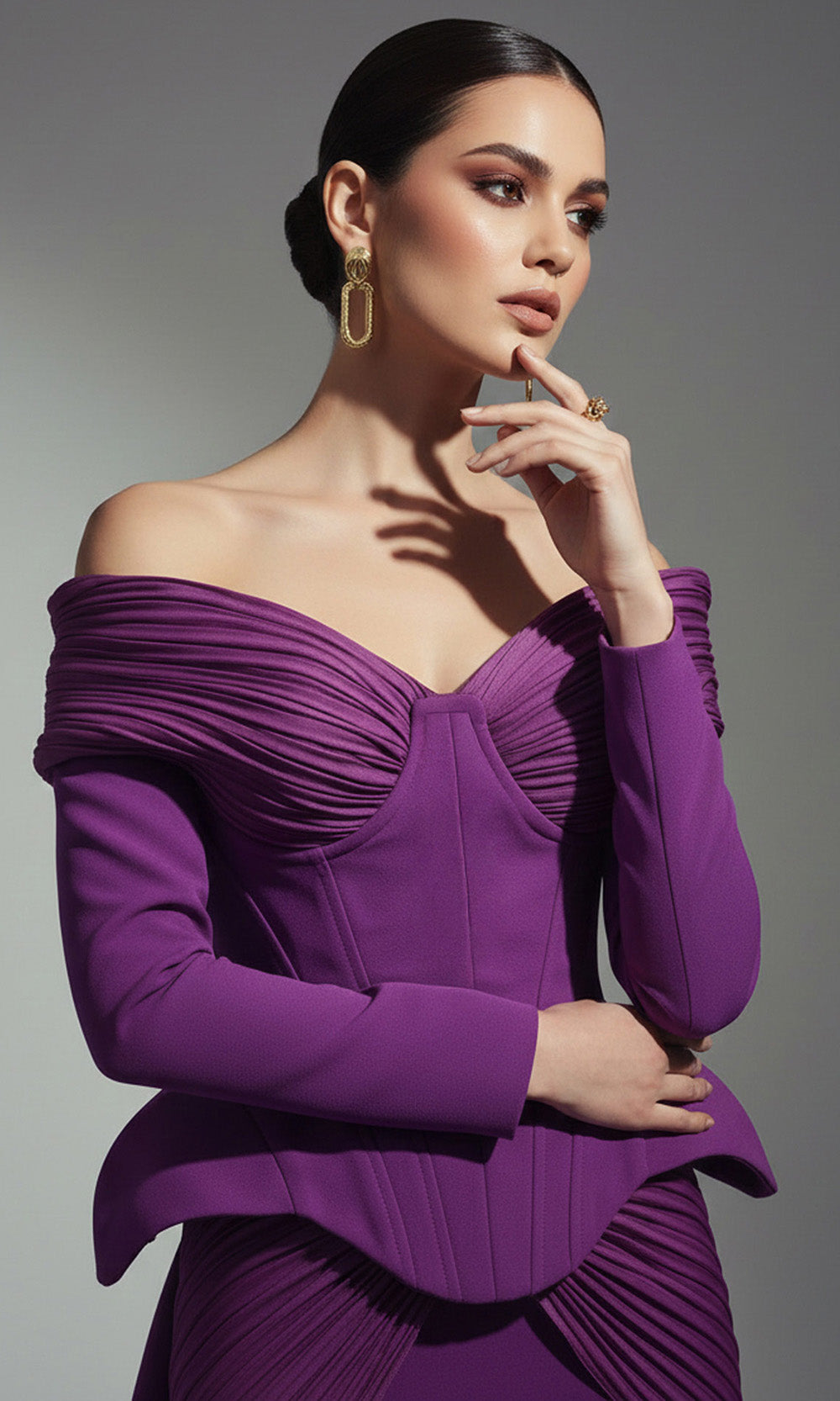 MNM COUTURE F02972A - Corset Peplum Bodice Overskirt Dress Evening Dresses in Aubergine 