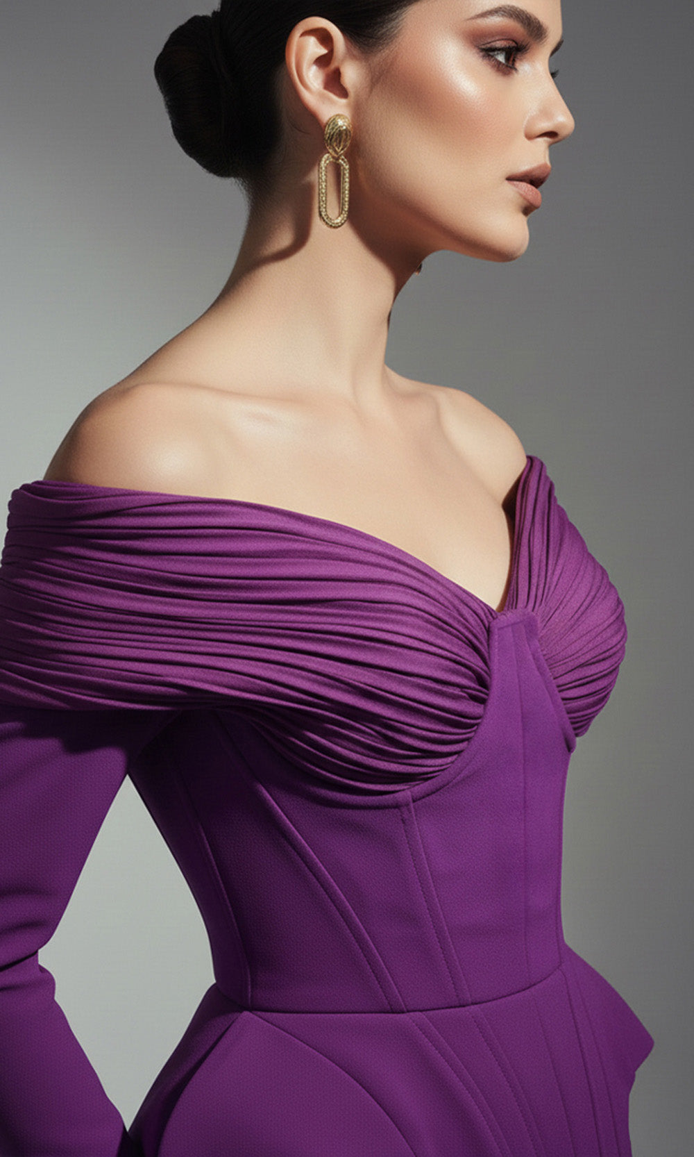 MNM COUTURE F02972A - Corset Peplum Bodice Overskirt Dress Evening Dresses in Aubergine 