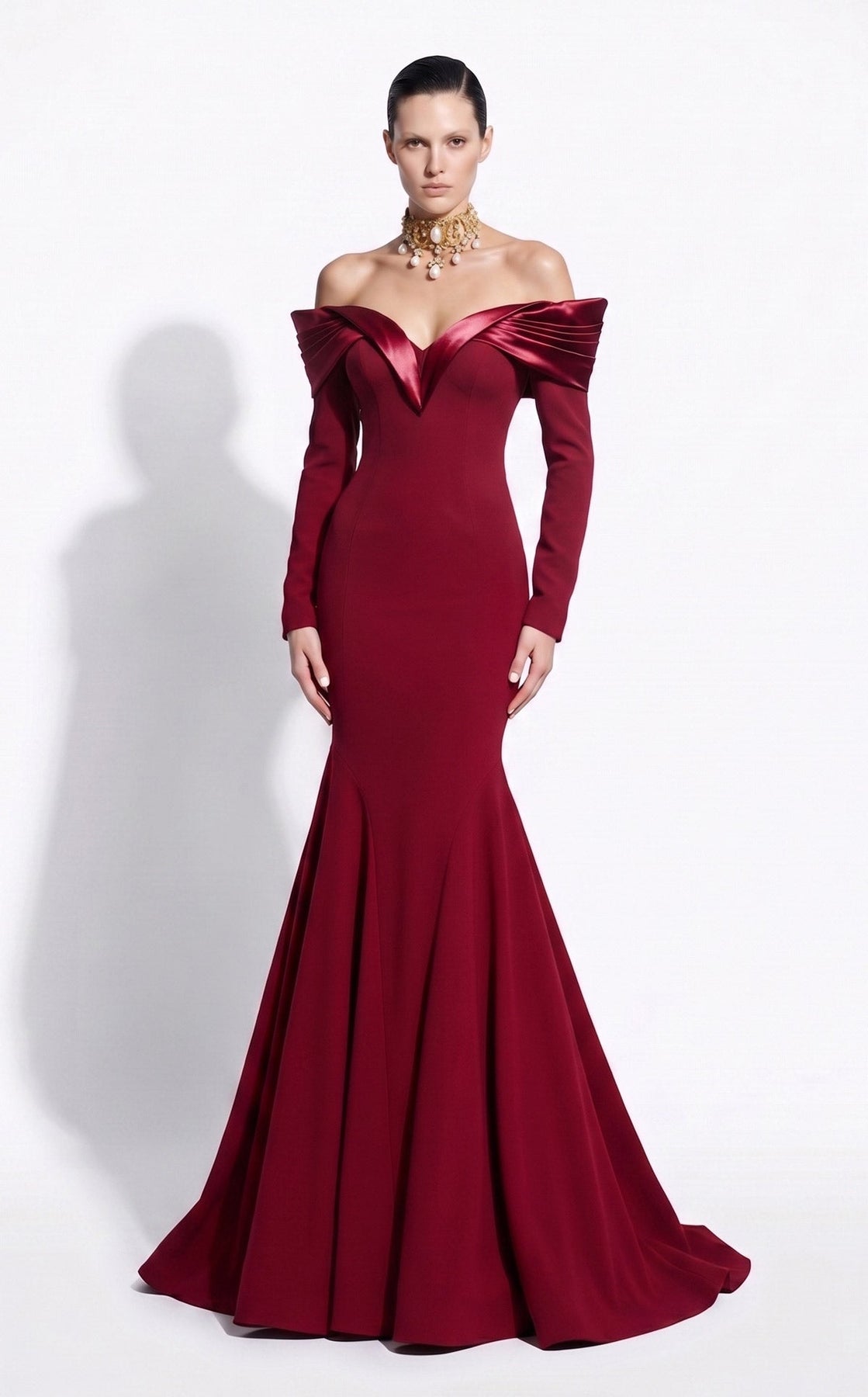 MNM COUTURE F02973A - Long Sleeve Evening Gown with Seam Detail