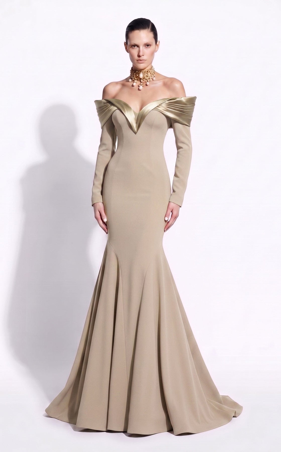 MNM COUTURE F02973A - Long Sleeve Evening Gown with Seam Detail
