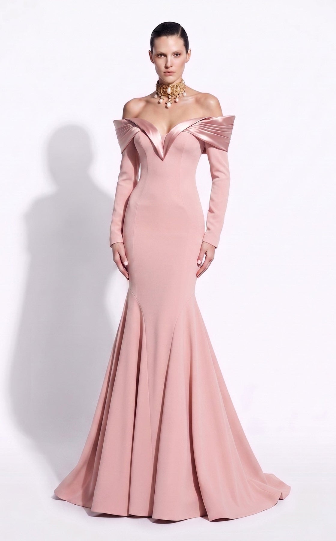MNM COUTURE F02973A - Long Sleeve Evening Gown with Seam Detail