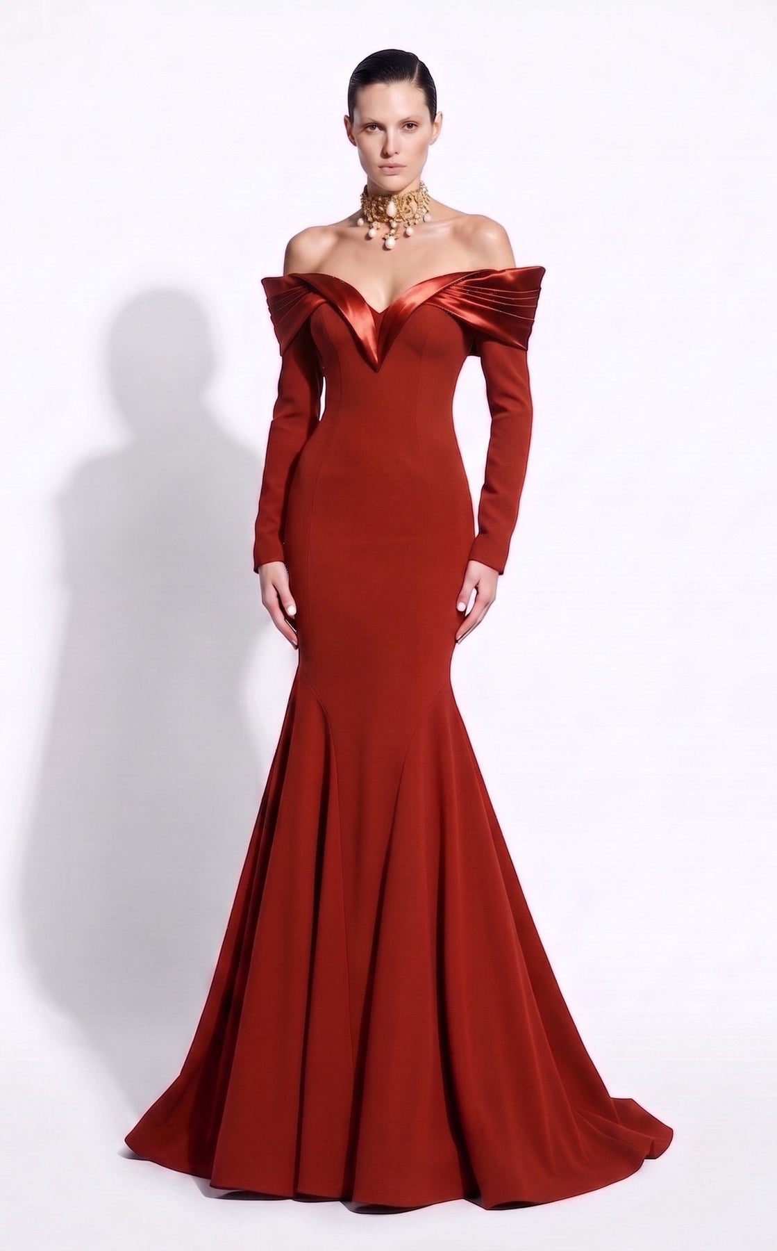 MNM COUTURE F02973A - Long Sleeve Evening Gown with Seam Detail