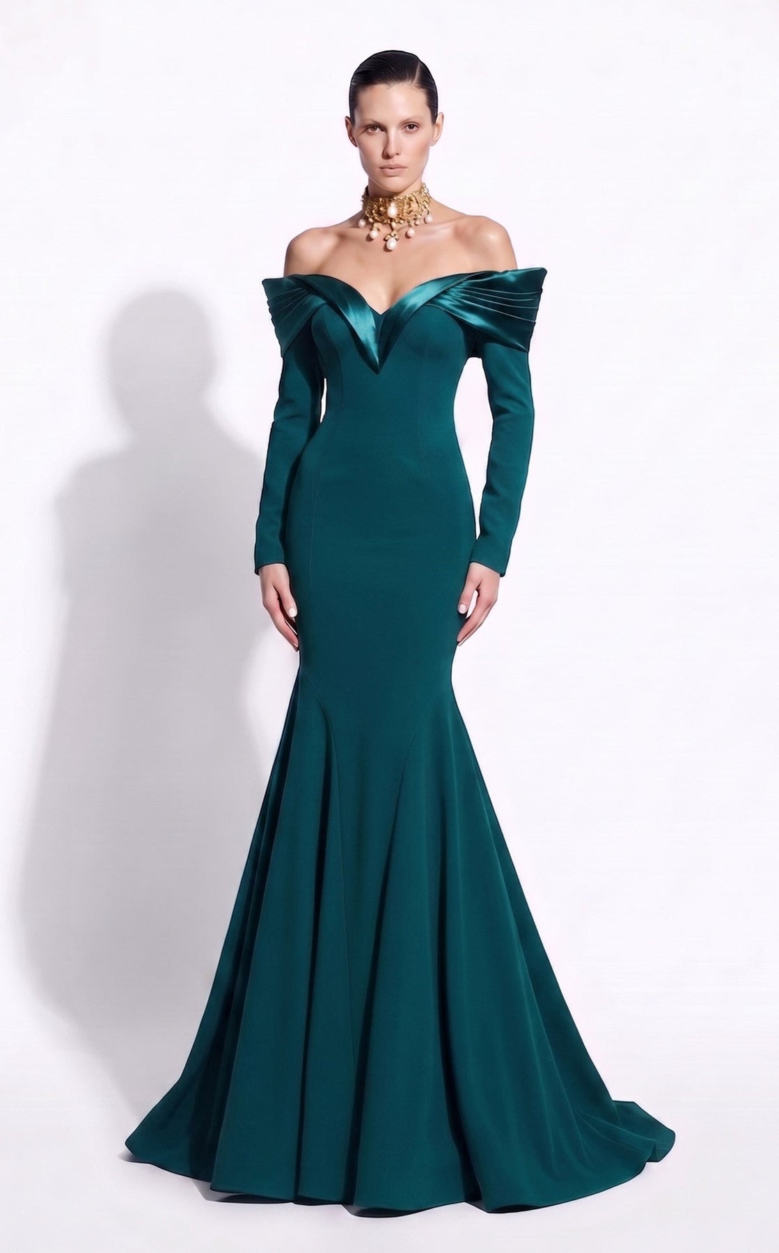 MNM COUTURE F02973A - Long Sleeve Evening Gown with Seam Detail