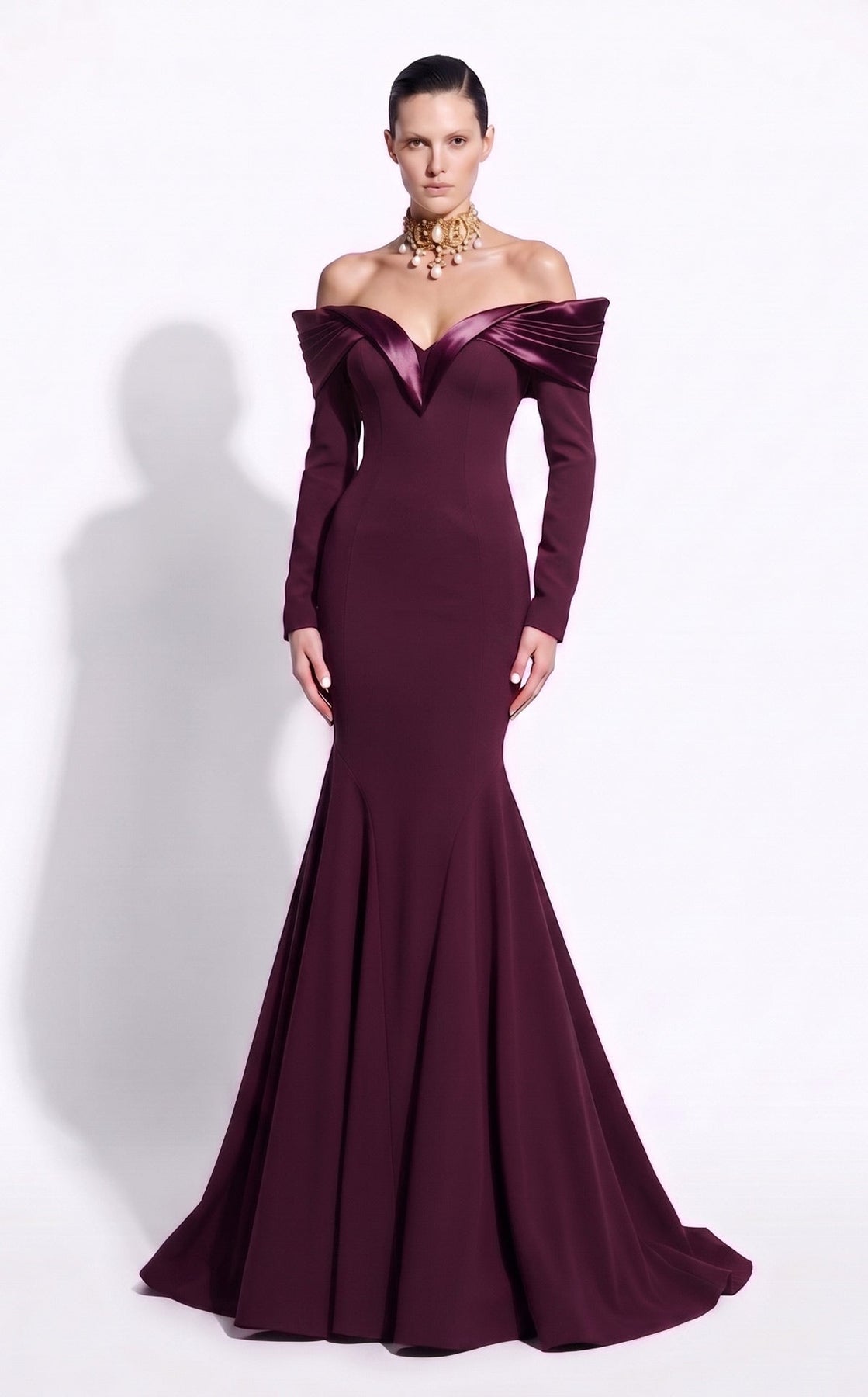 MNM COUTURE F02973A - Long Sleeve Evening Gown with Seam Detail