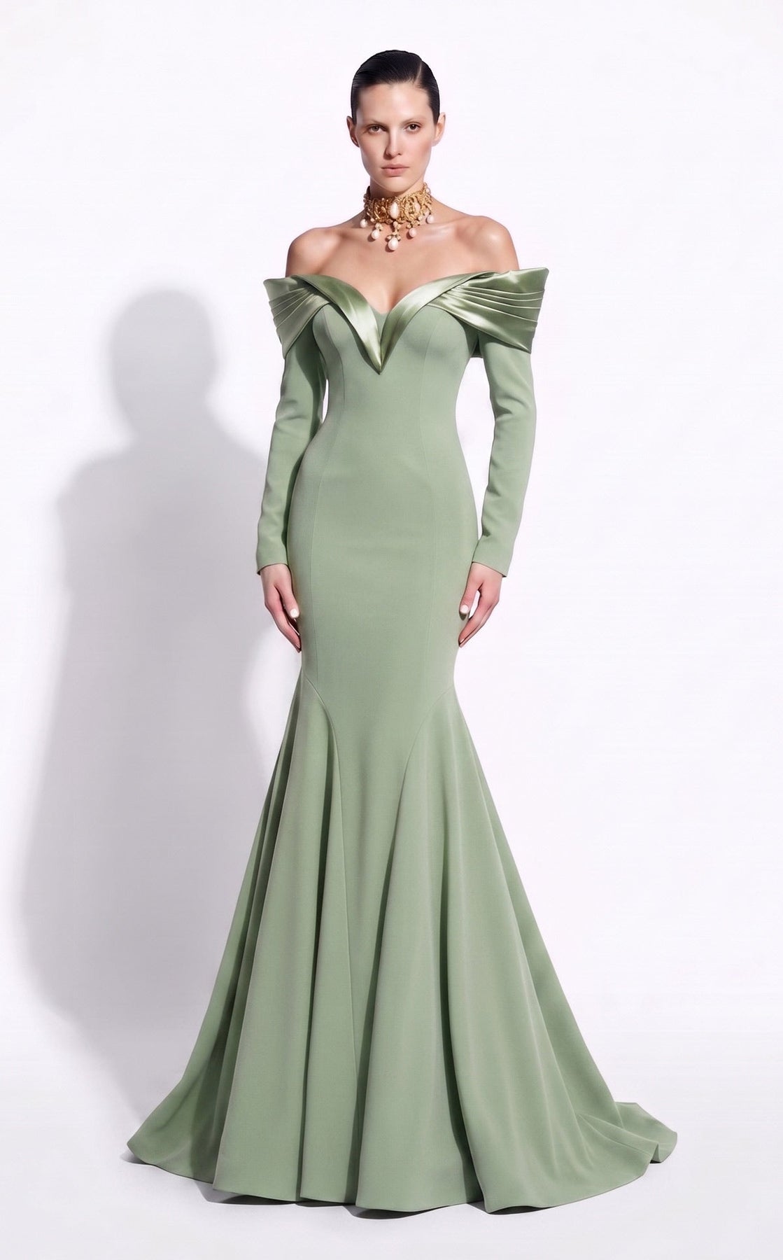 MNM COUTURE F02973A - Long Sleeve Evening Gown with Seam Detail
