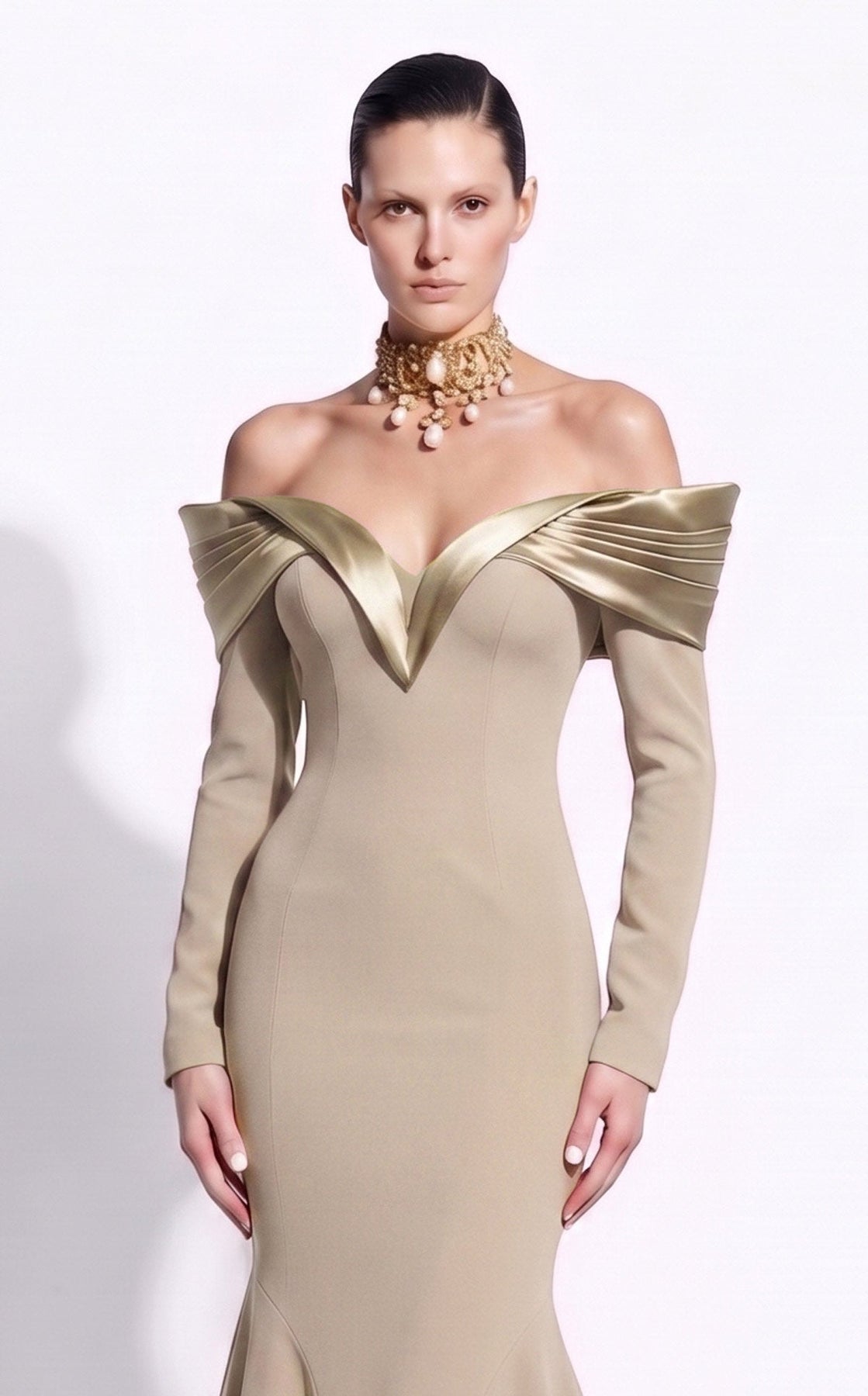 MNM COUTURE F02973A - Long Sleeve Evening Gown with Seam Detail
