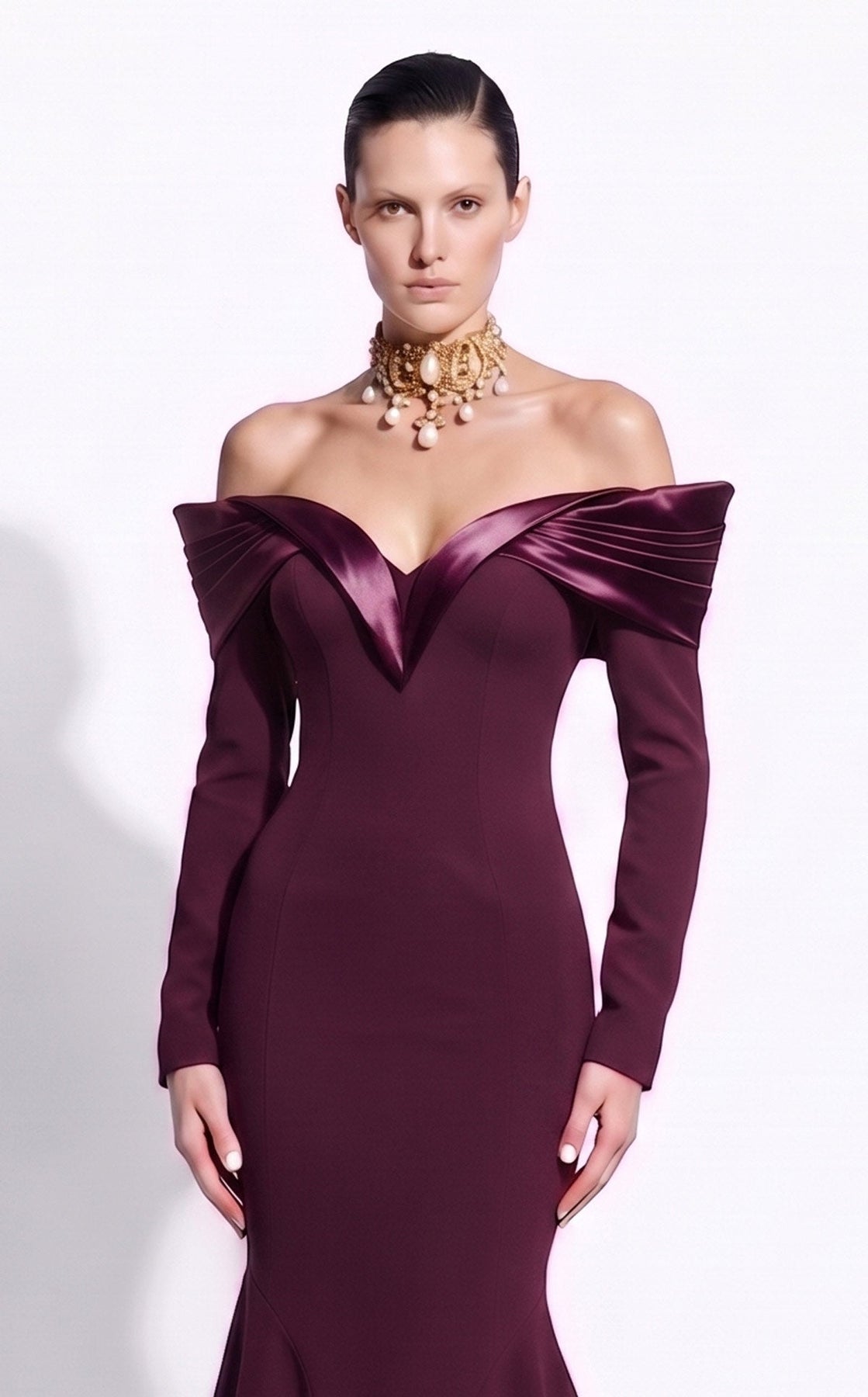 MNM COUTURE F02973A - Long Sleeve Evening Gown with Seam Detail