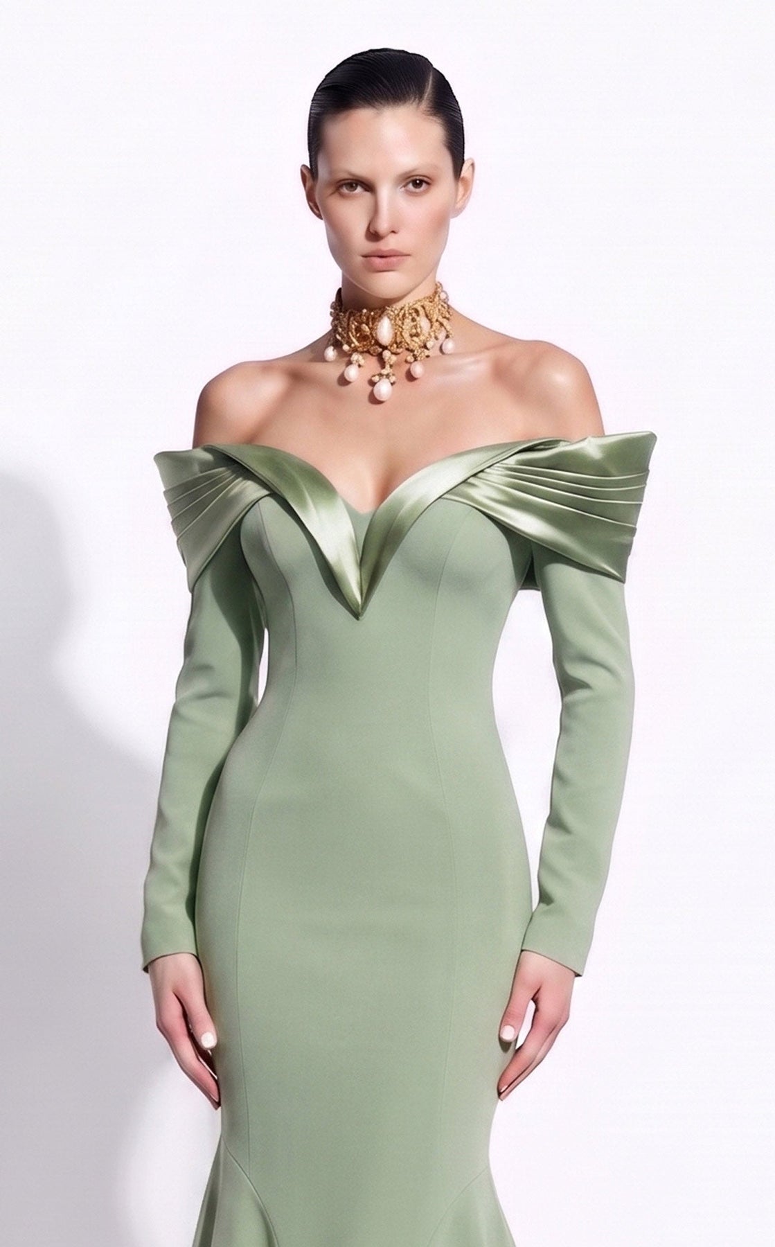 MNM COUTURE F02973A - Long Sleeve Evening Gown with Seam Detail