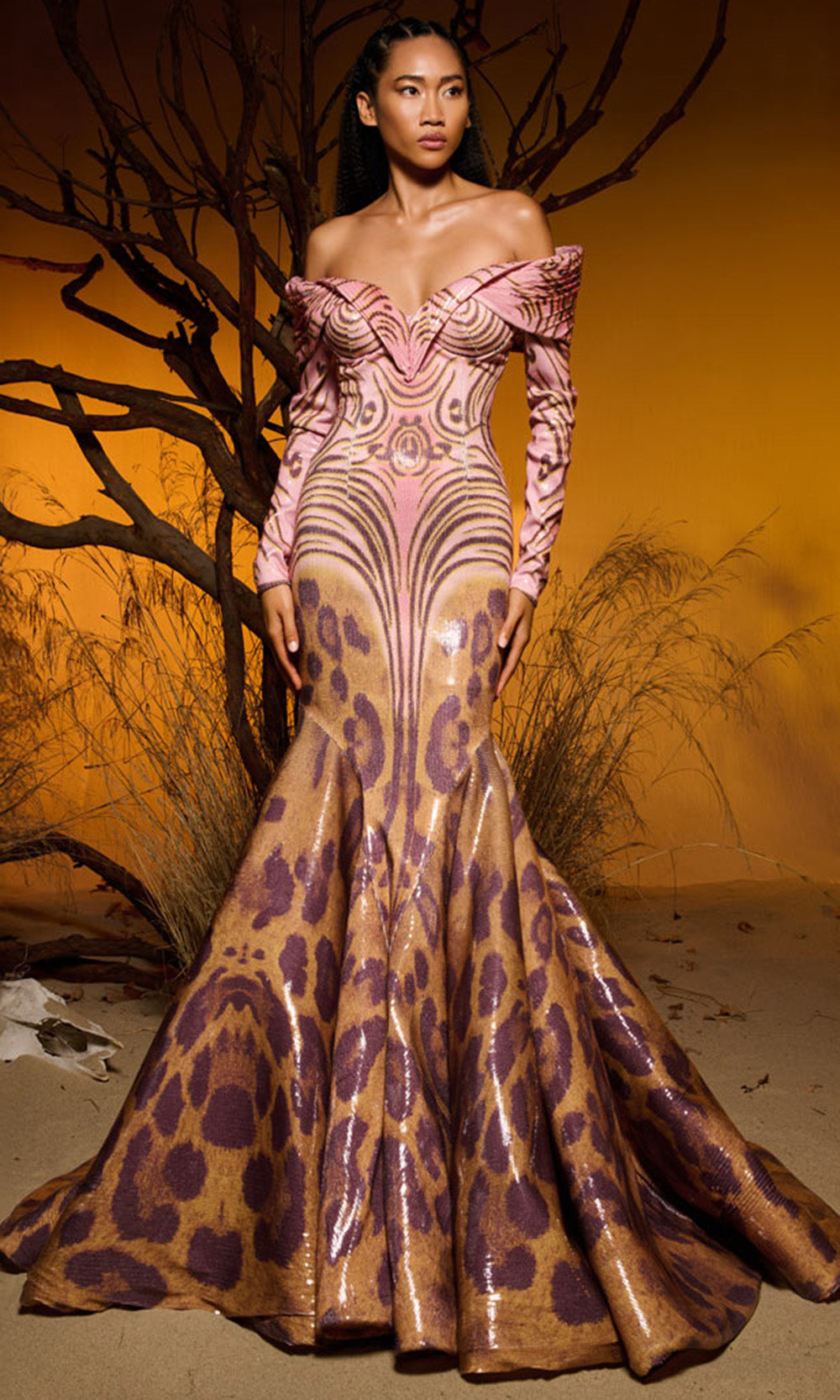 MNM COUTURE F02973 - Off Shoulder Sequin Ornate Mermaid Gown Prom Dresses in Pink 