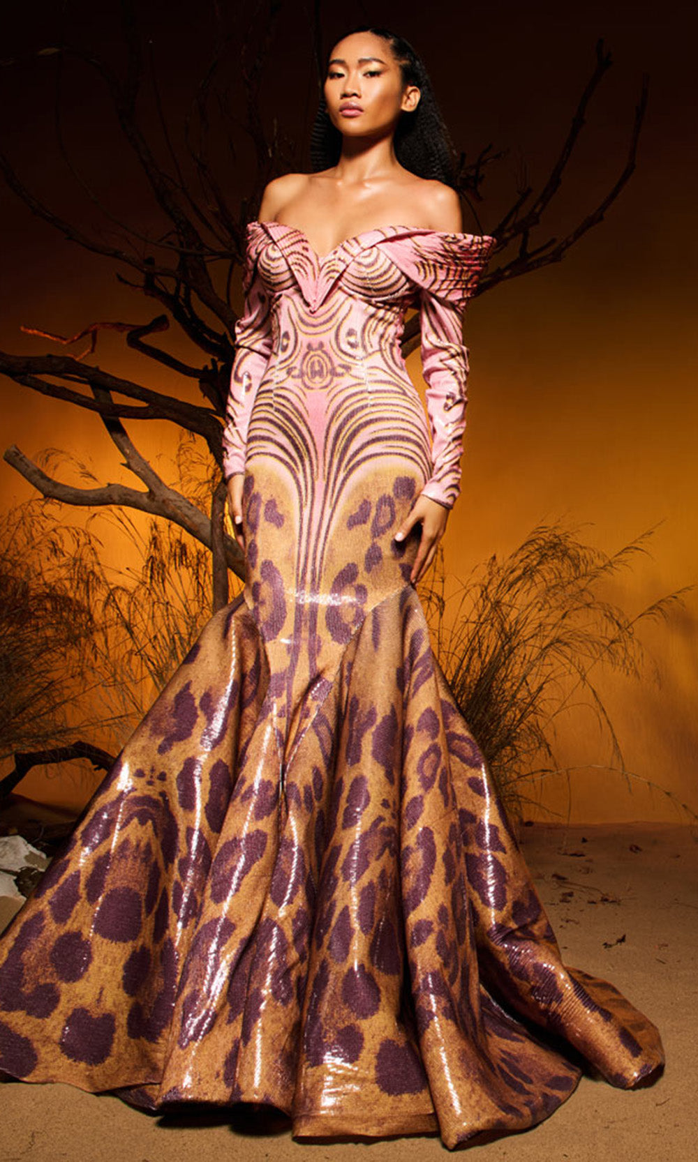 MNM COUTURE F02973 - Off Shoulder Sequin Ornate Mermaid Gown Prom Dresses in Pink 