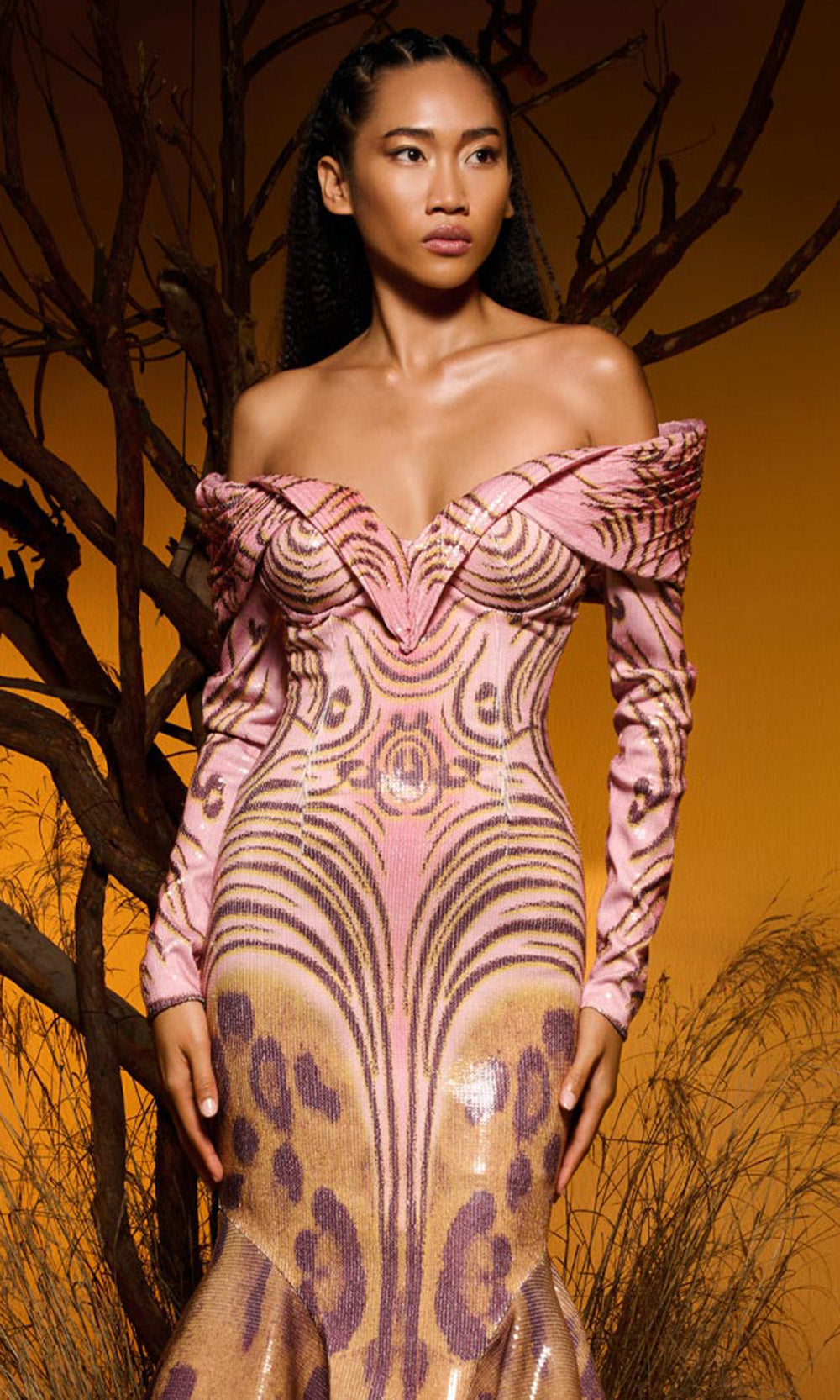 MNM COUTURE F02973 - Off Shoulder Sequin Ornate Mermaid Gown Prom Dresses in Pink 