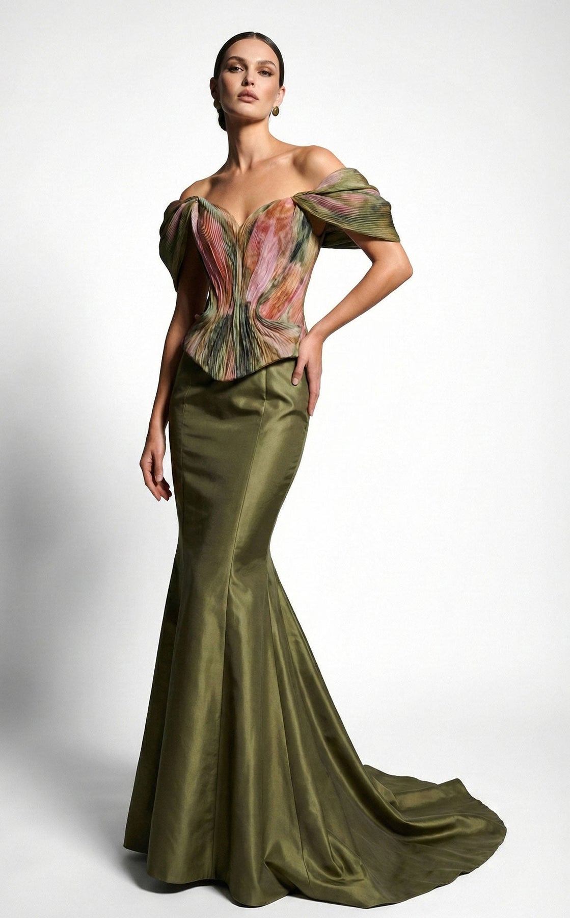 MNM COUTURE F02981A - Draped Short Sleeve Basque Evening Gown