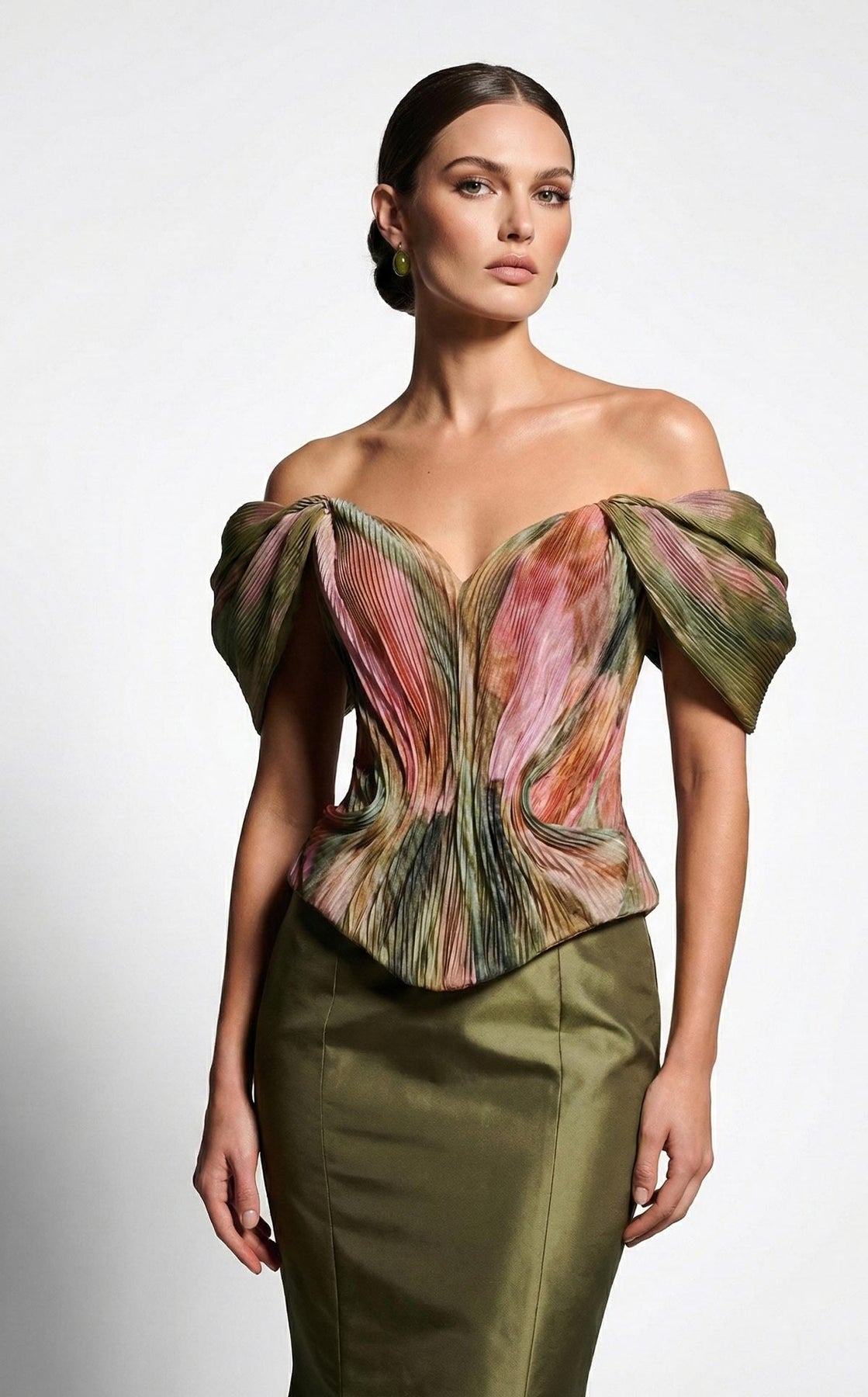 MNM COUTURE F02981A - Draped Short Sleeve Basque Evening Gown