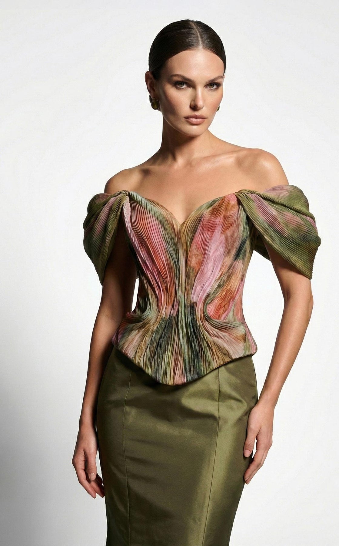 MNM COUTURE F02981A - Draped Short Sleeve Basque Evening Gown