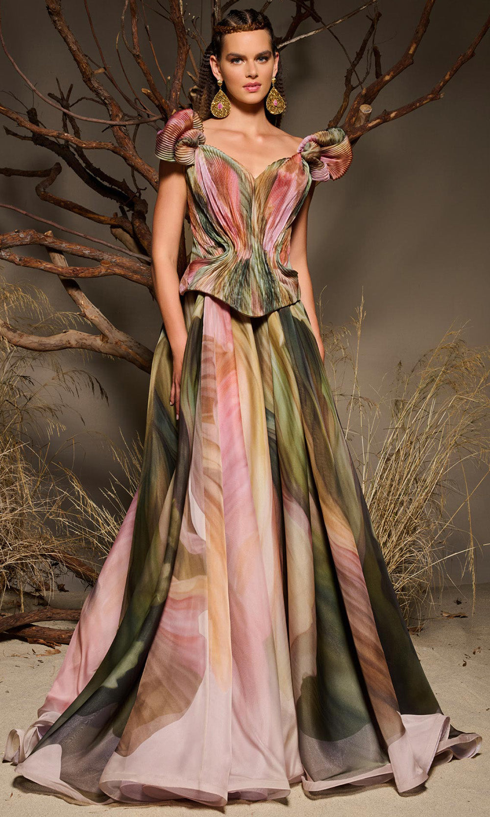 MNM COUTURE F02981 - V-Back Printed A-Line Long Gown Evening Dresses in Multi Color