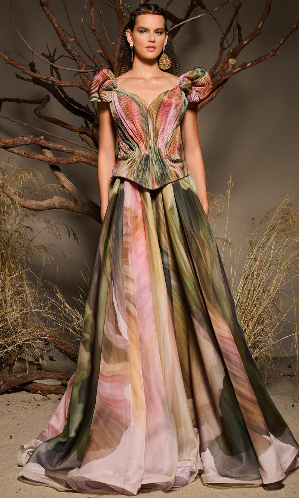 MNM COUTURE F02981 - V-Back Printed A-Line Long Gown Evening Dresses in Multi Color