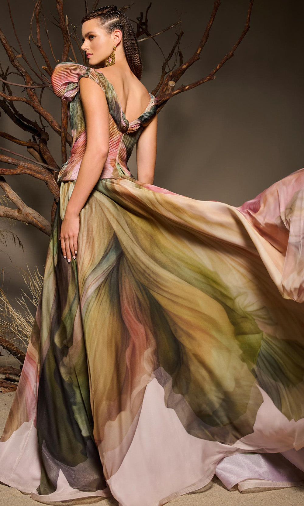 MNM COUTURE F02981 - V-Back Printed A-Line Long Gown Evening Dresses in Multi Color
