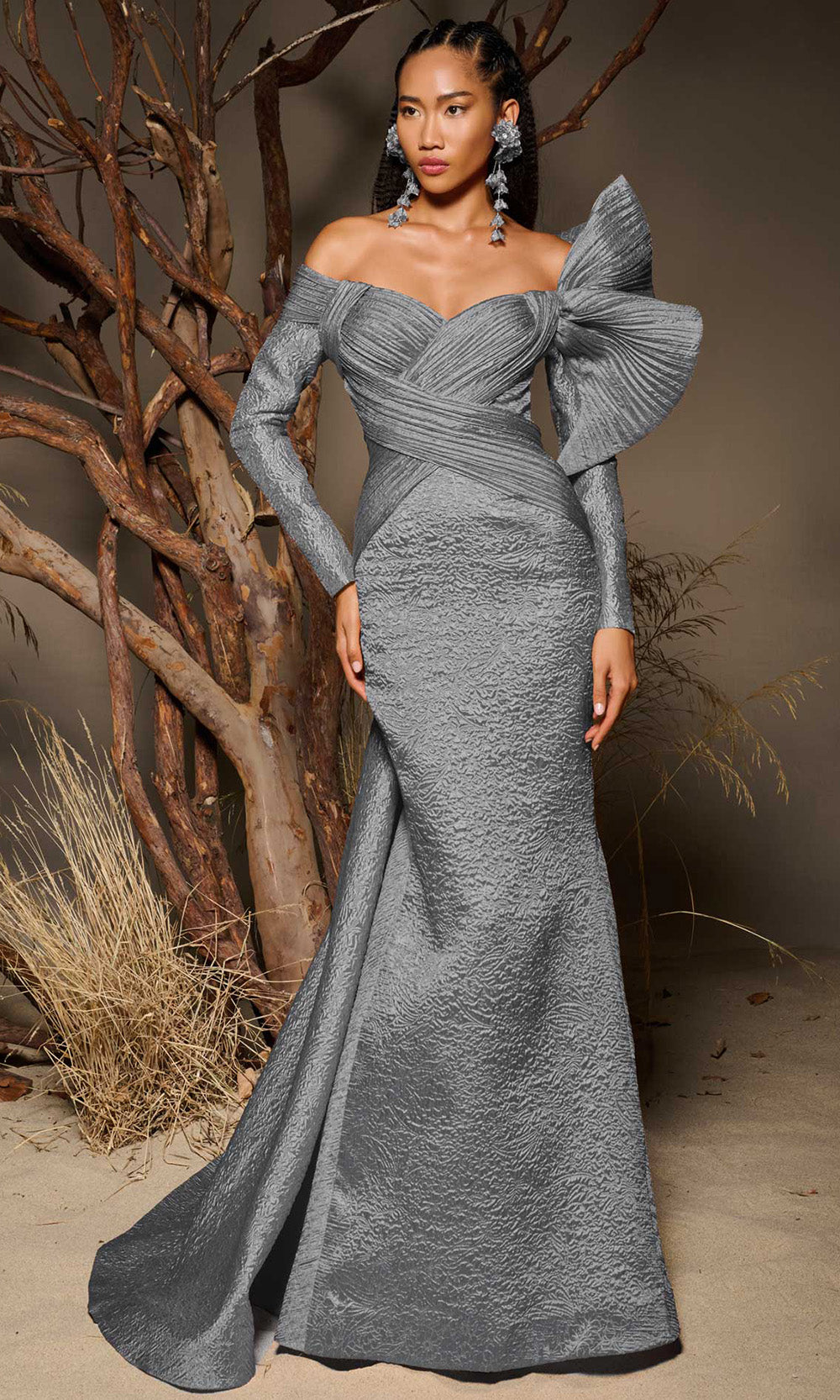 MNM COUTURE F02982 - Off Shoulder Textured Jacquard Overskirt Gown Mother of the Bride Dresses in Gray 