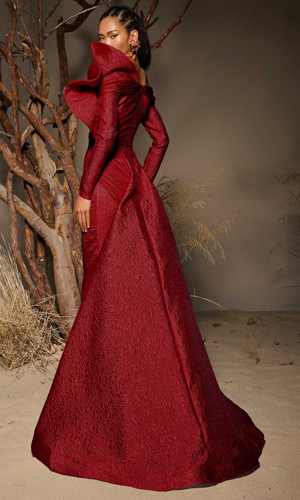 MNM COUTURE F02982 - Off Shoulder Textured Jacquard Overskirt Gown Mother of the Bride Dresses in Red 