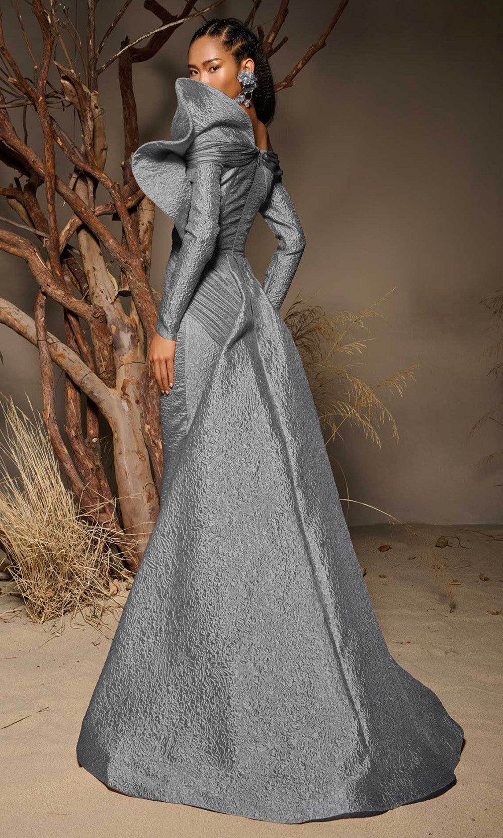 MNM COUTURE F02982 - Off Shoulder Textured Jacquard Overskirt Gown Mother of the Bride Dresses in Gray 