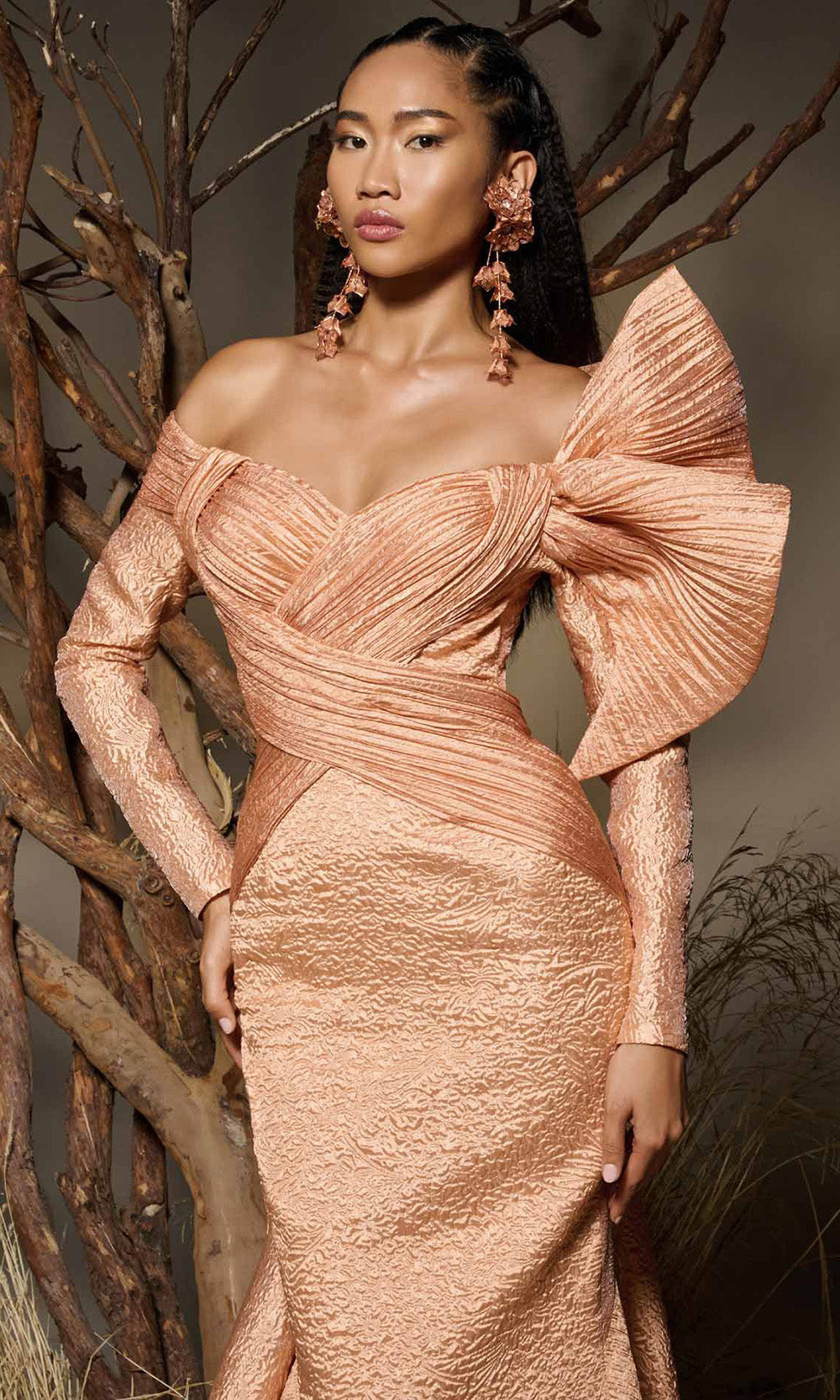 MNM COUTURE F02982 - Off Shoulder Textured Jacquard Overskirt Gown Mother of the Bride Dresses in Pink 