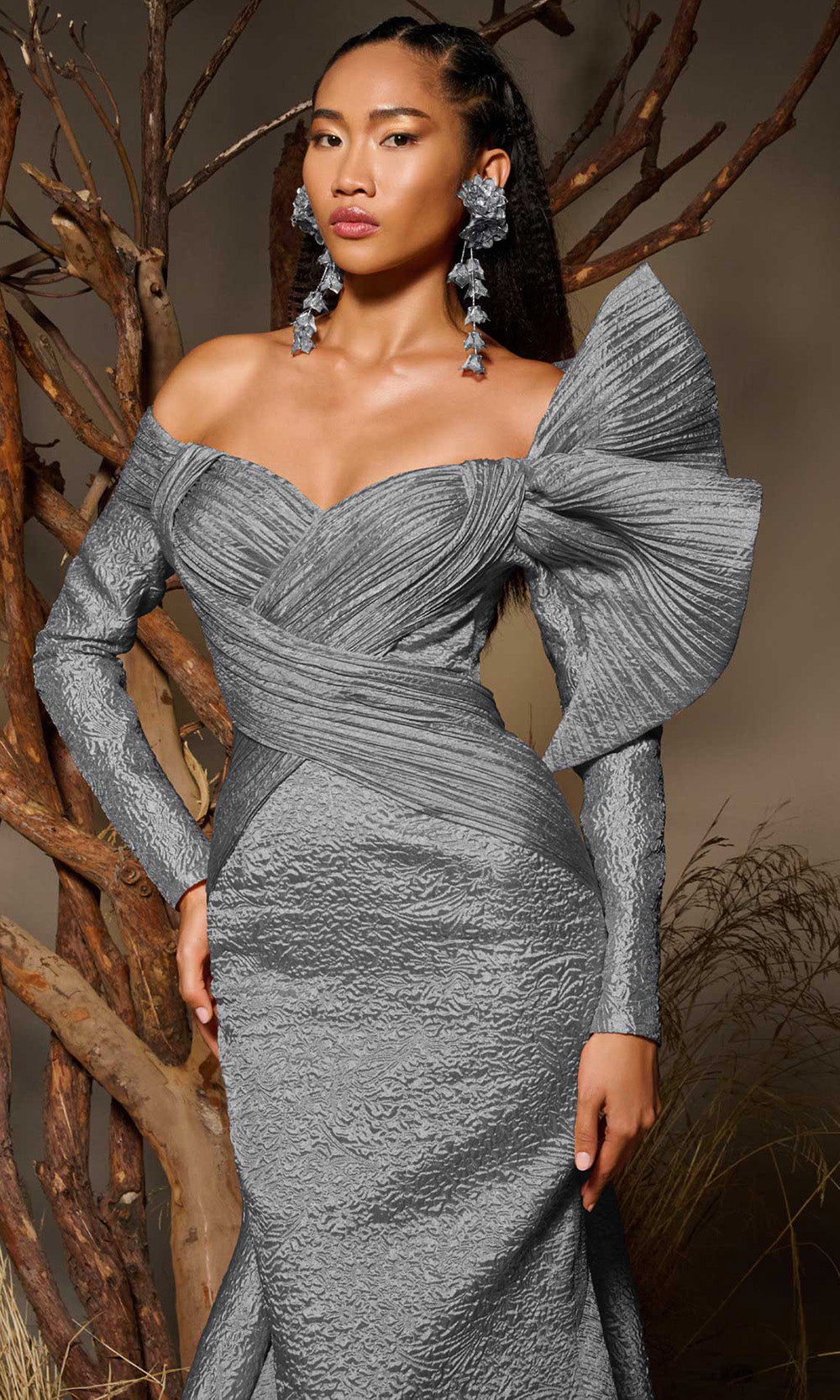 MNM COUTURE F02982 - Off Shoulder Textured Jacquard Overskirt Gown Mother of the Bride Dresses in Gray 