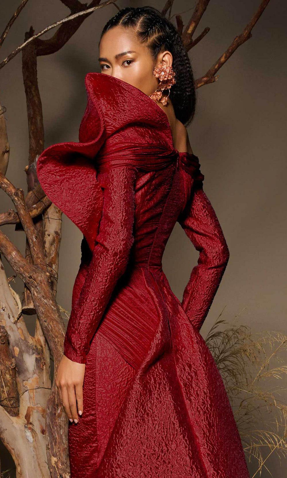 MNM COUTURE F02982 - Off Shoulder Textured Jacquard Overskirt Gown Mother of the Bride Dresses in Red 