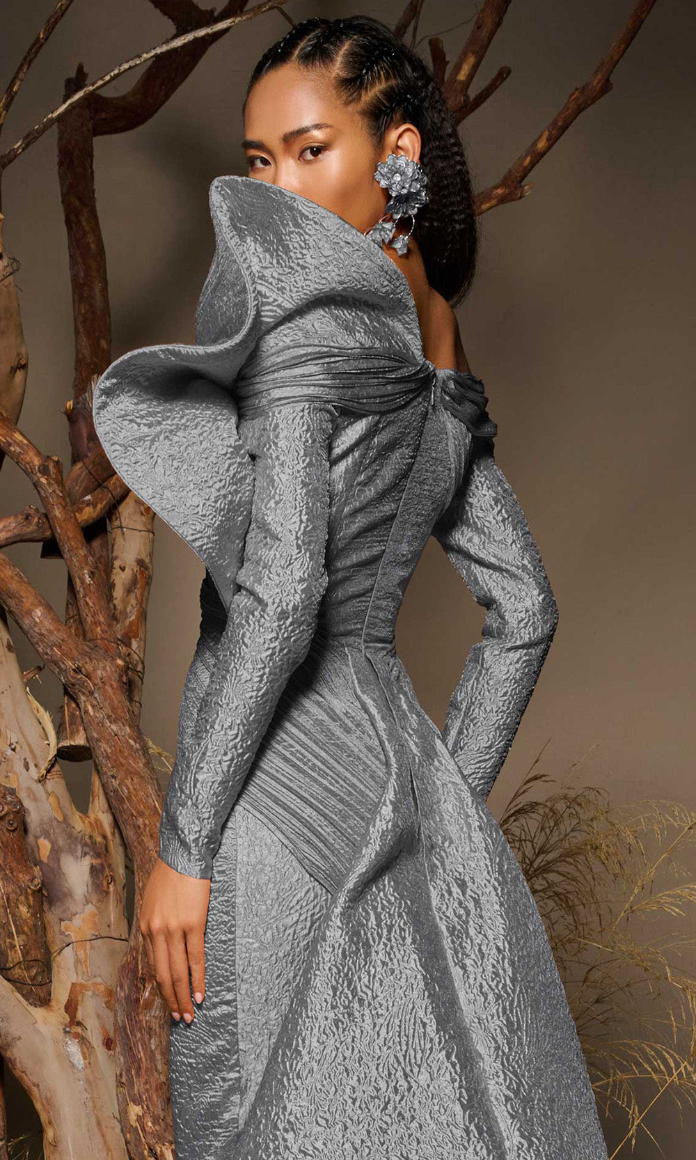 MNM COUTURE F02982 - Off Shoulder Textured Jacquard Overskirt Gown Mother of the Bride Dresses in Gray 