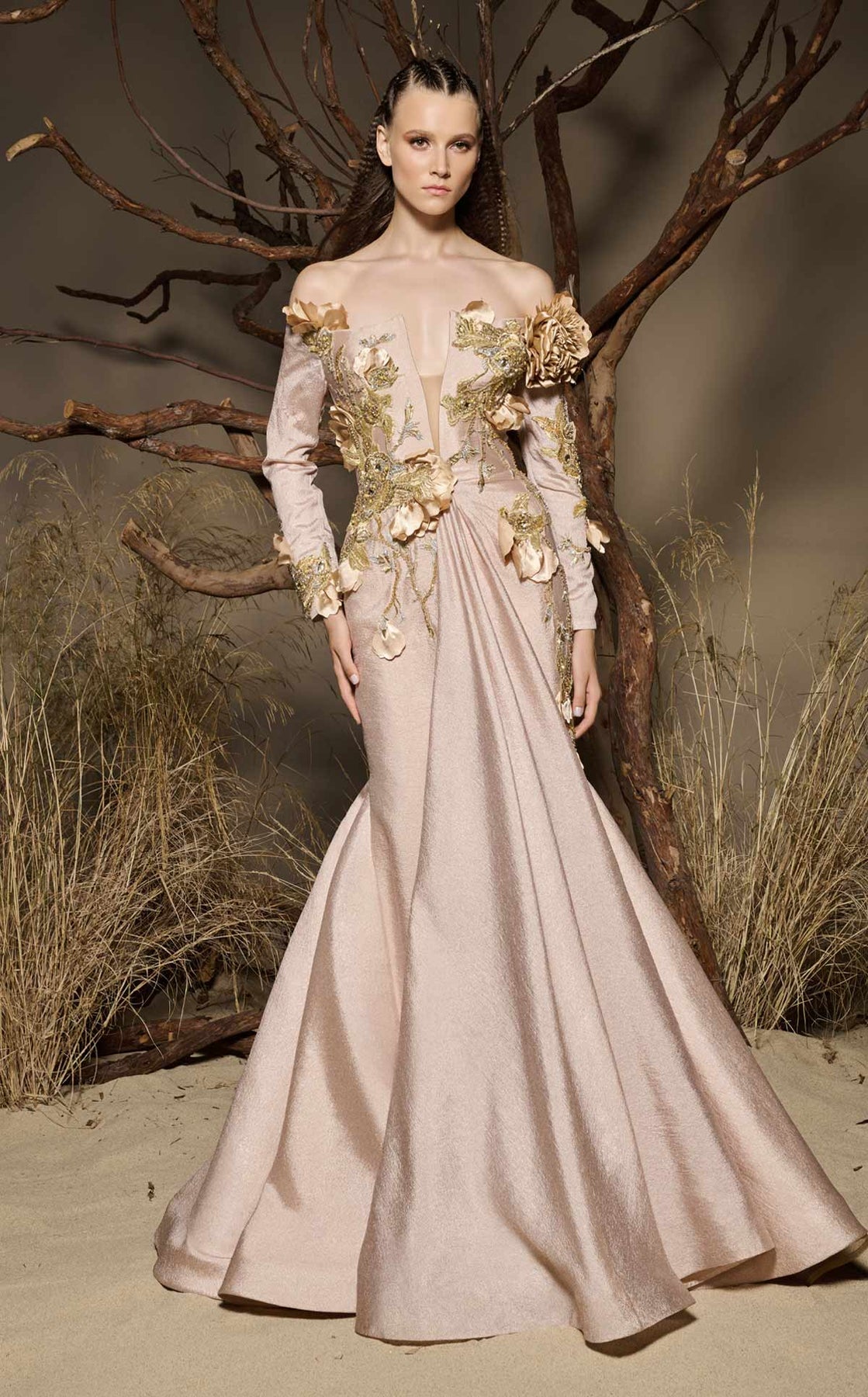 MNM COUTURE F02986 - Mermaid Applique Long Sleeve Evening Gown