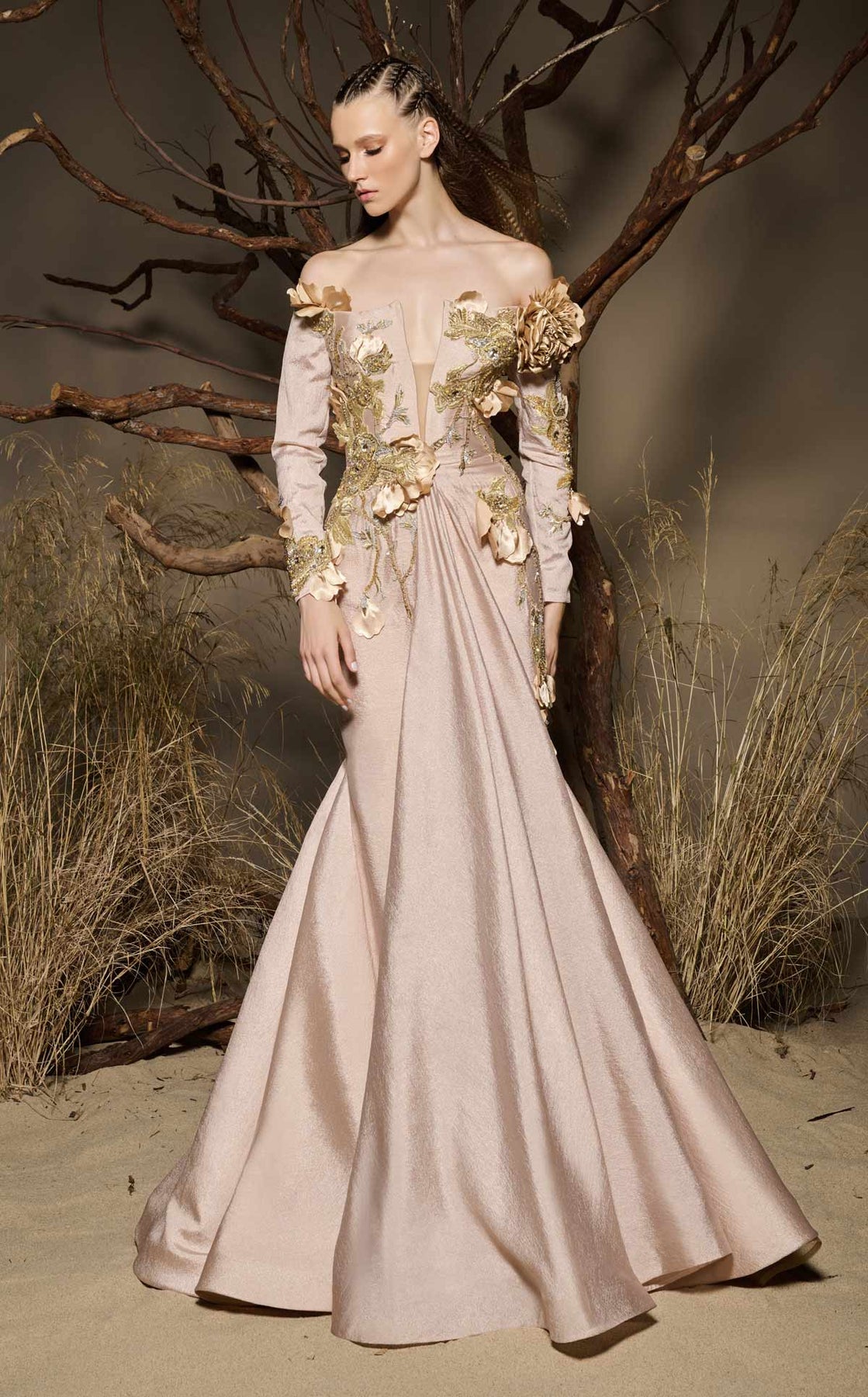 MNM COUTURE F02986 - Mermaid Applique Long Sleeve Evening Gown