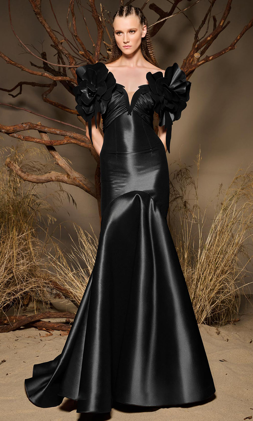MNM COUTURE F02993 - Sculpted V-Neck Ruched Evening Gown Mother of the Bride Dresses Black