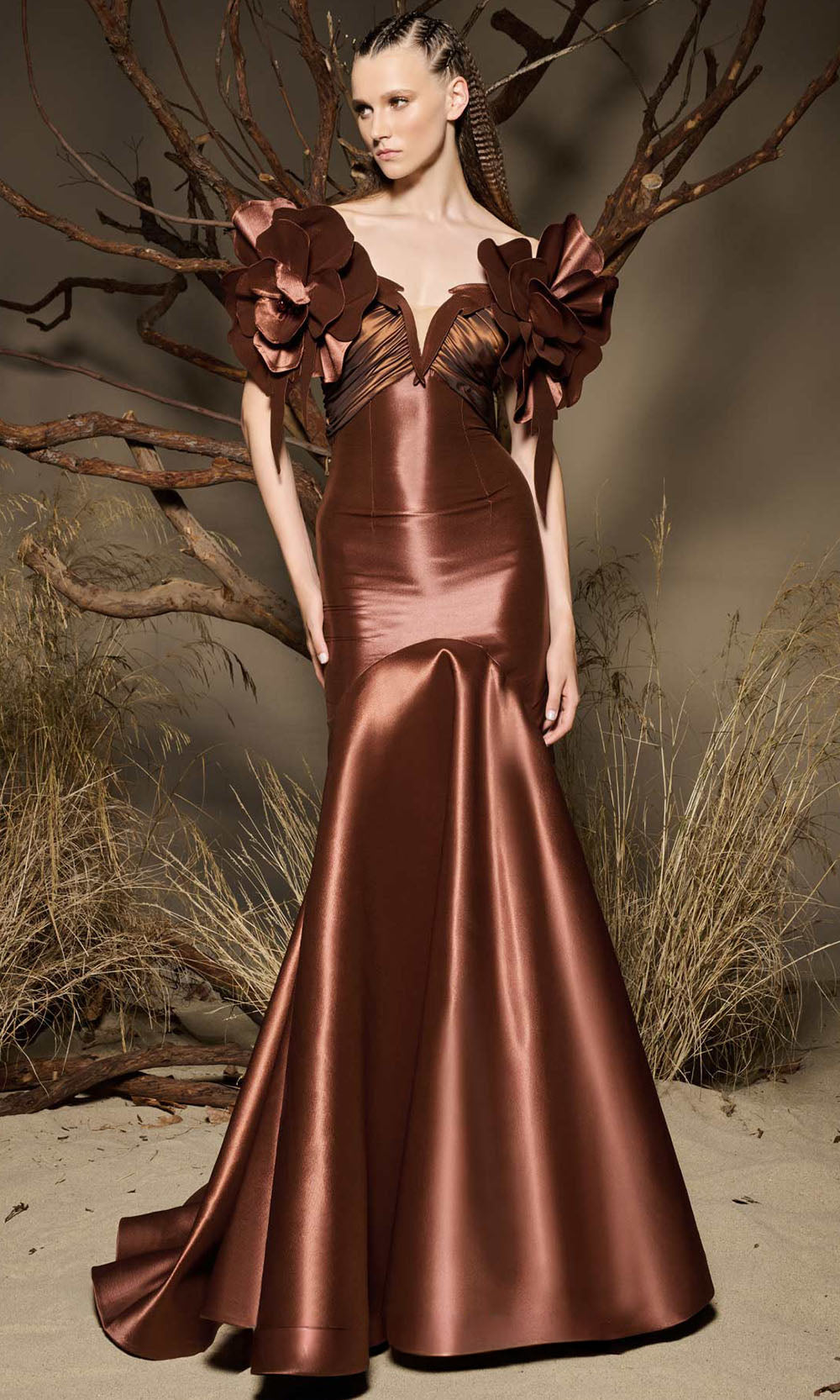 MNM COUTURE F02993 - Sculpted V-Neck Ruched Evening Gown Mother of the Bride Dresses Brown