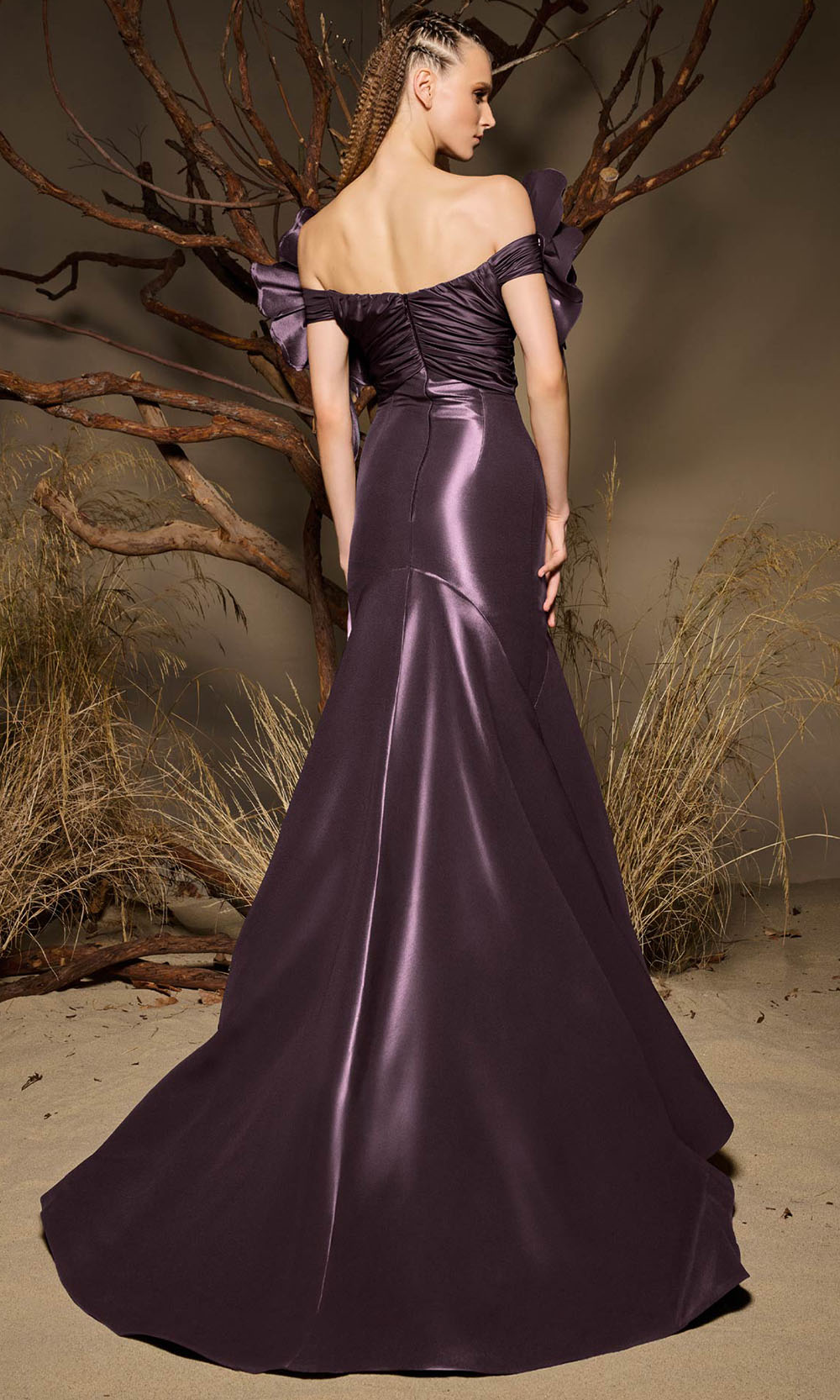 MNM COUTURE F02993 - Sculpted V-Neck Ruched Evening Gown Mother of the Bride Dresses Pulple
