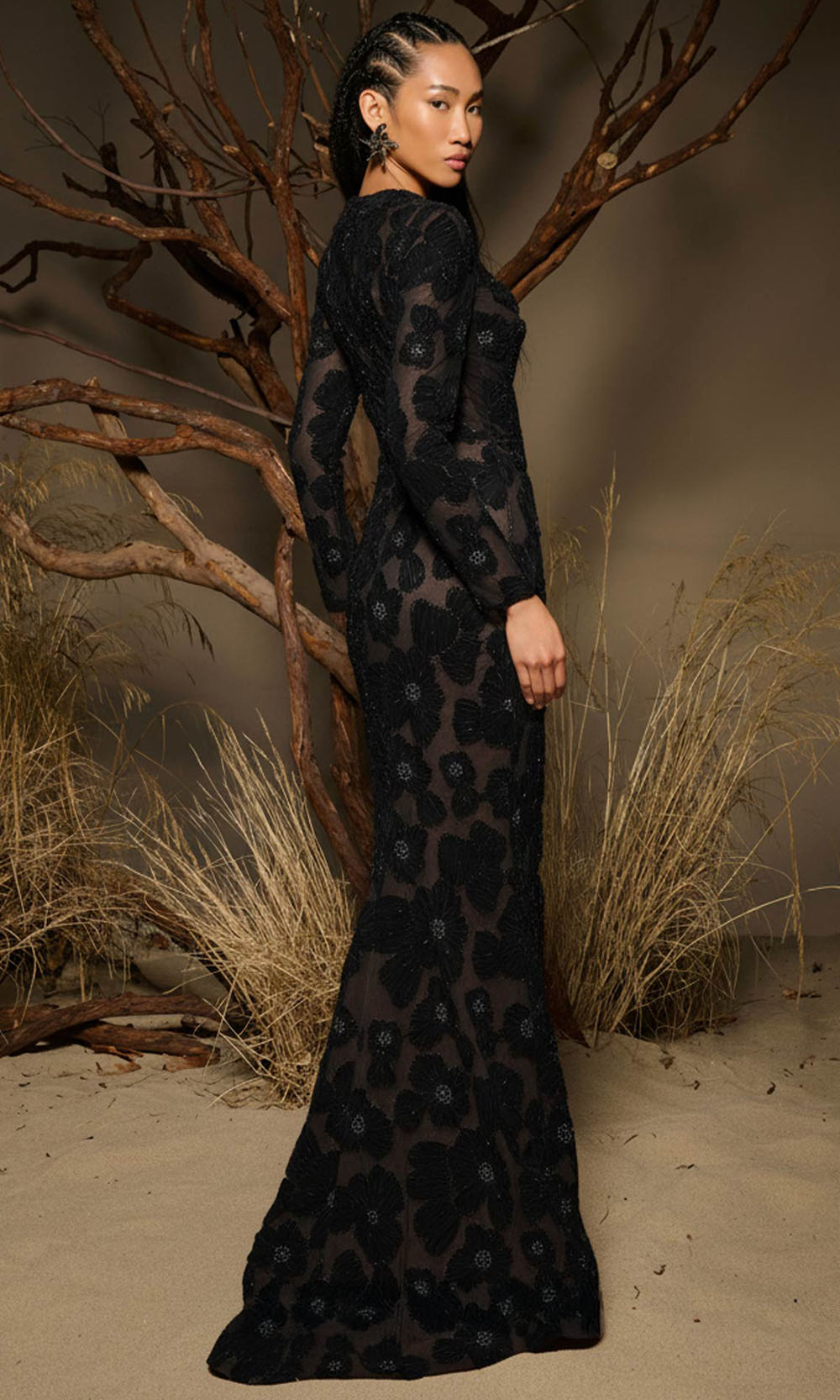 MNM COUTURE F02997 - Jewel Neckline Floral Embellished Gown Formal Gowns in Black