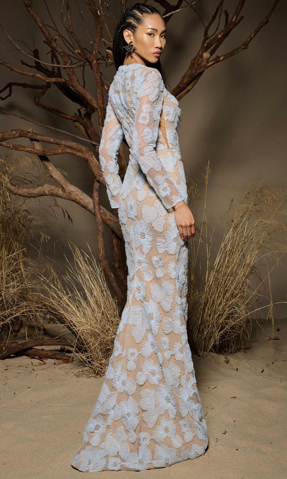 MNM COUTURE F02997 - Jewel Neckline Floral Embellished Gown Formal Gowns in Blue