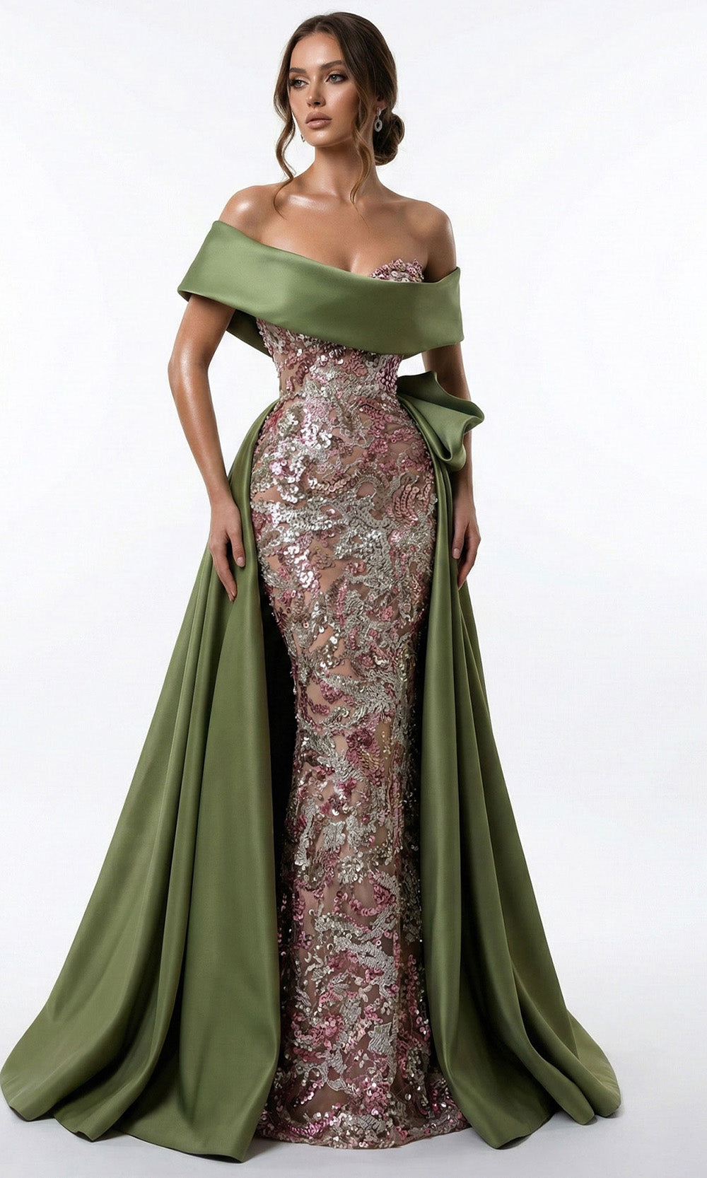 MNM COUTURE F03024 - Asymmetrical Overskirt Sequin Embellished Gown Mother Of The Bride Dresses in Olive 